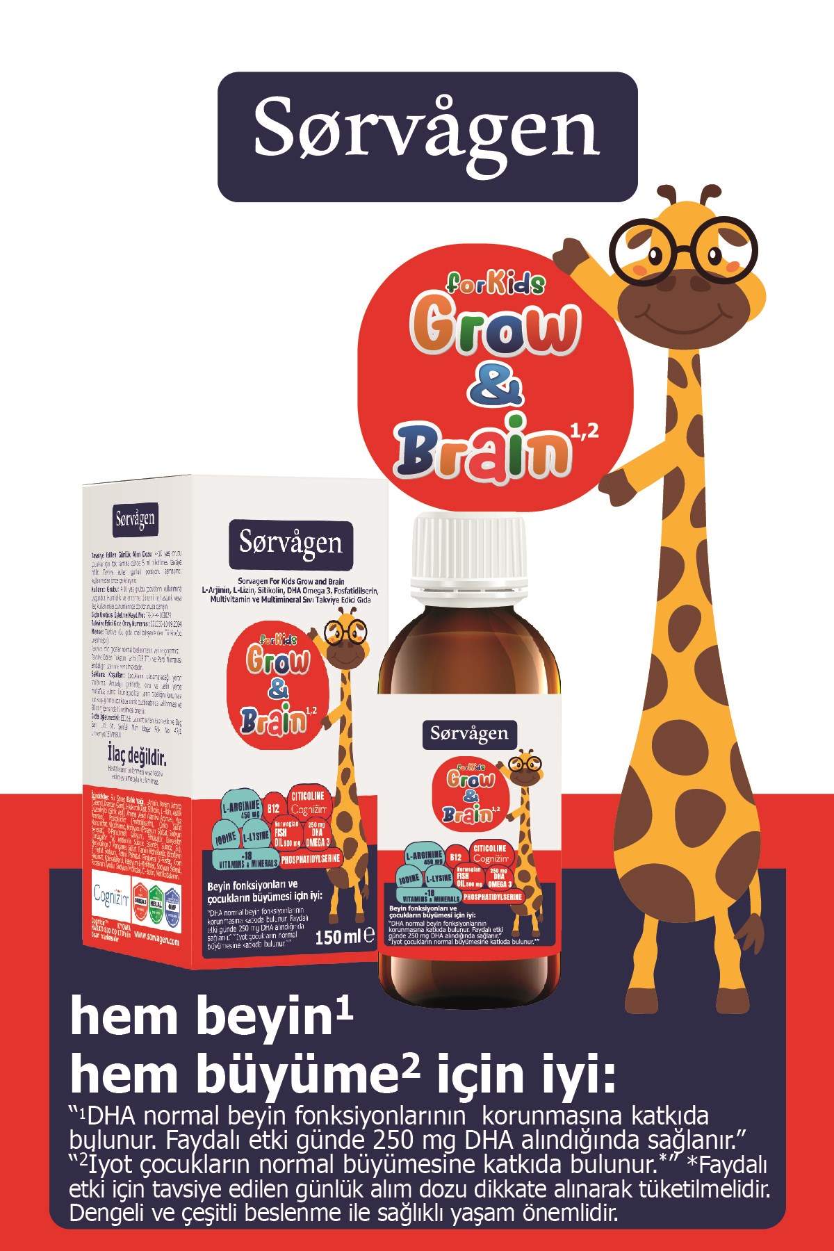 SORVAGENÇOCUKLAR İÇİN BESİN TAKVİYELERİSorvagen Grow Brain For Kids Sıvı 150 ml