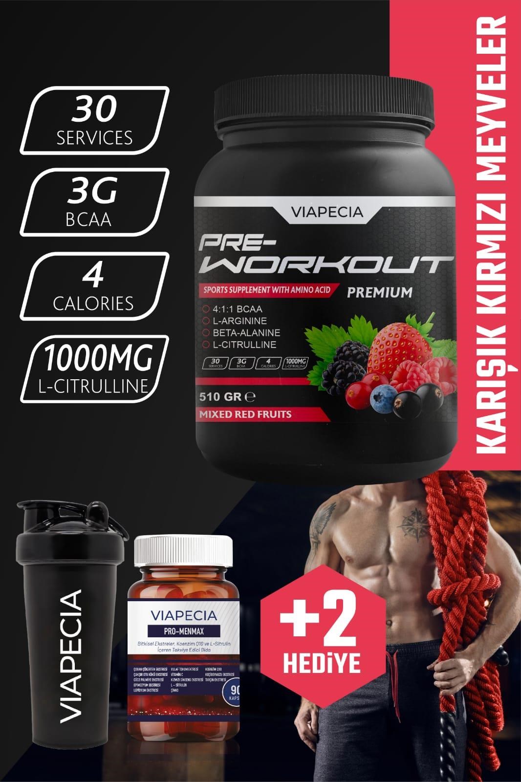 VİAPECİASPORCU BESİN TAKVİYELERİViapecia Pre-Workout Premium Kırmızı Meyve Aromalı 510 Gram - Viapecia Pro Menmax HEDİYE
