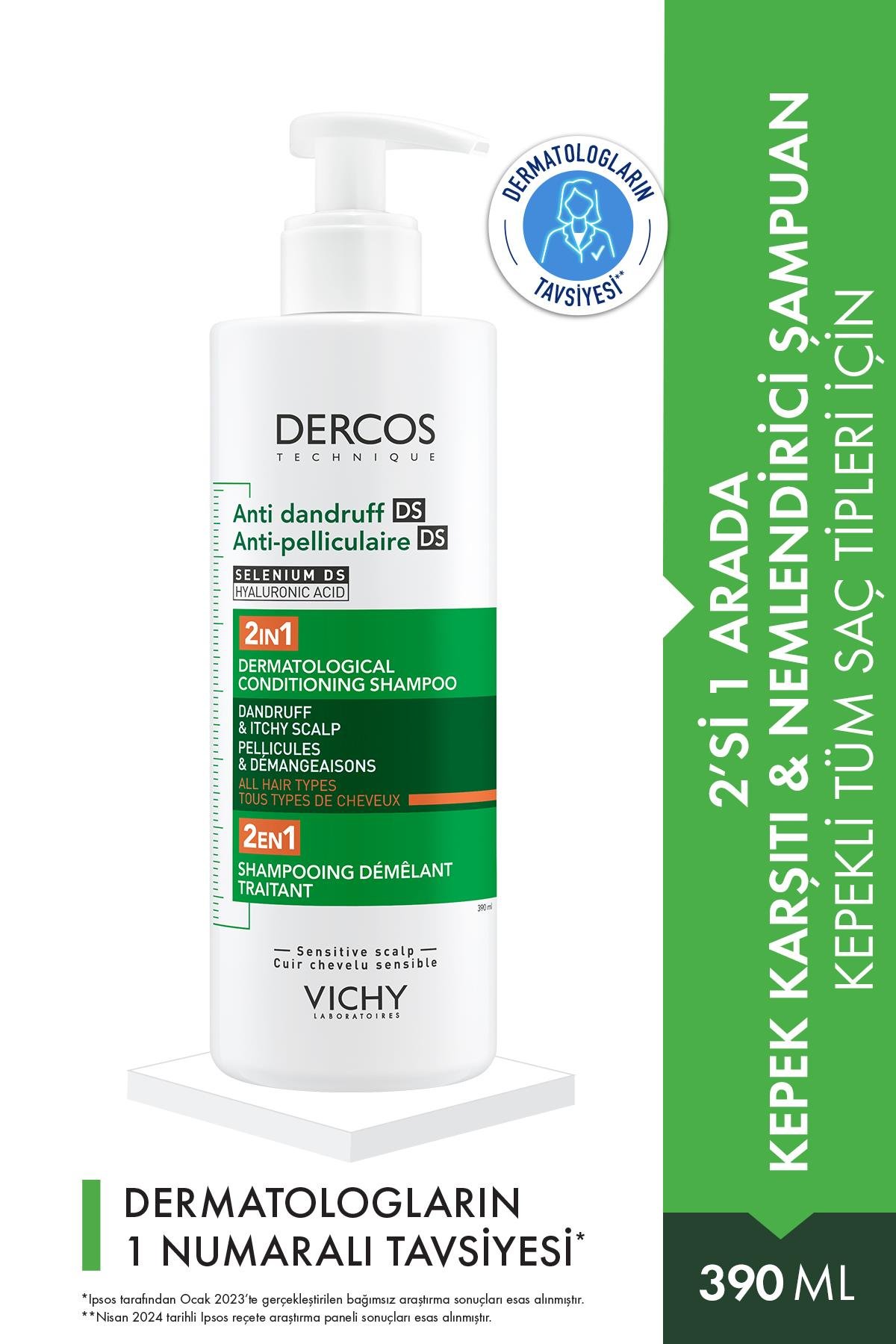 VichyŞAMPUANLARVichy Dercos Anti Dandruff 2’si 1 Arada Tüm Saç Tipleri İçin Kepek Karşıtı ve Nemlendirici Şampuan 390 ml