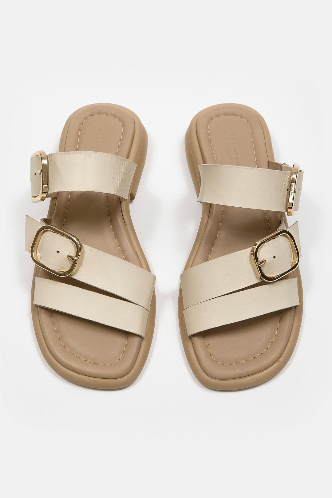 Almedia Bej Hakiki Deri Kadın Terlik