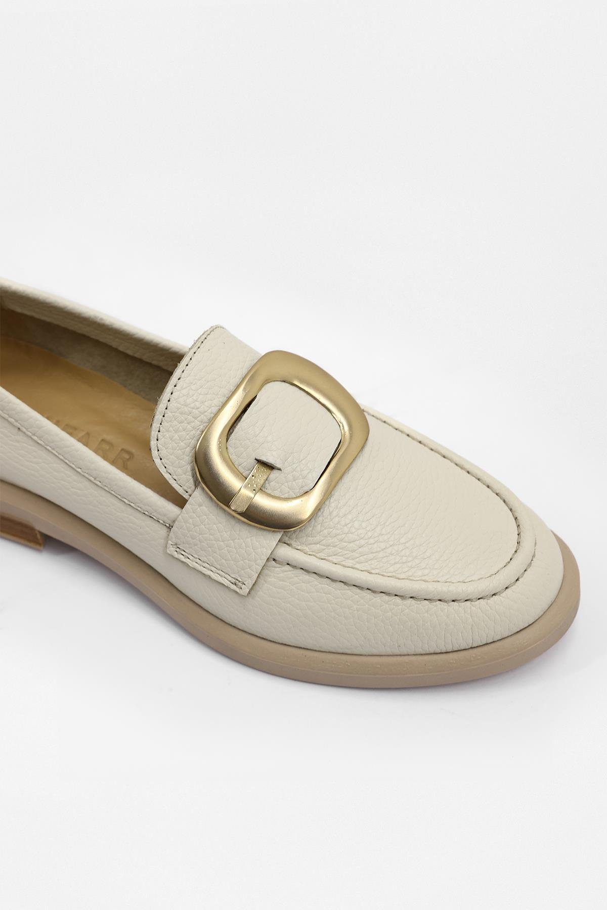 Andrea Bej Hakiki Deri Altın Toka Aksesuarlı Kadın Loafer
