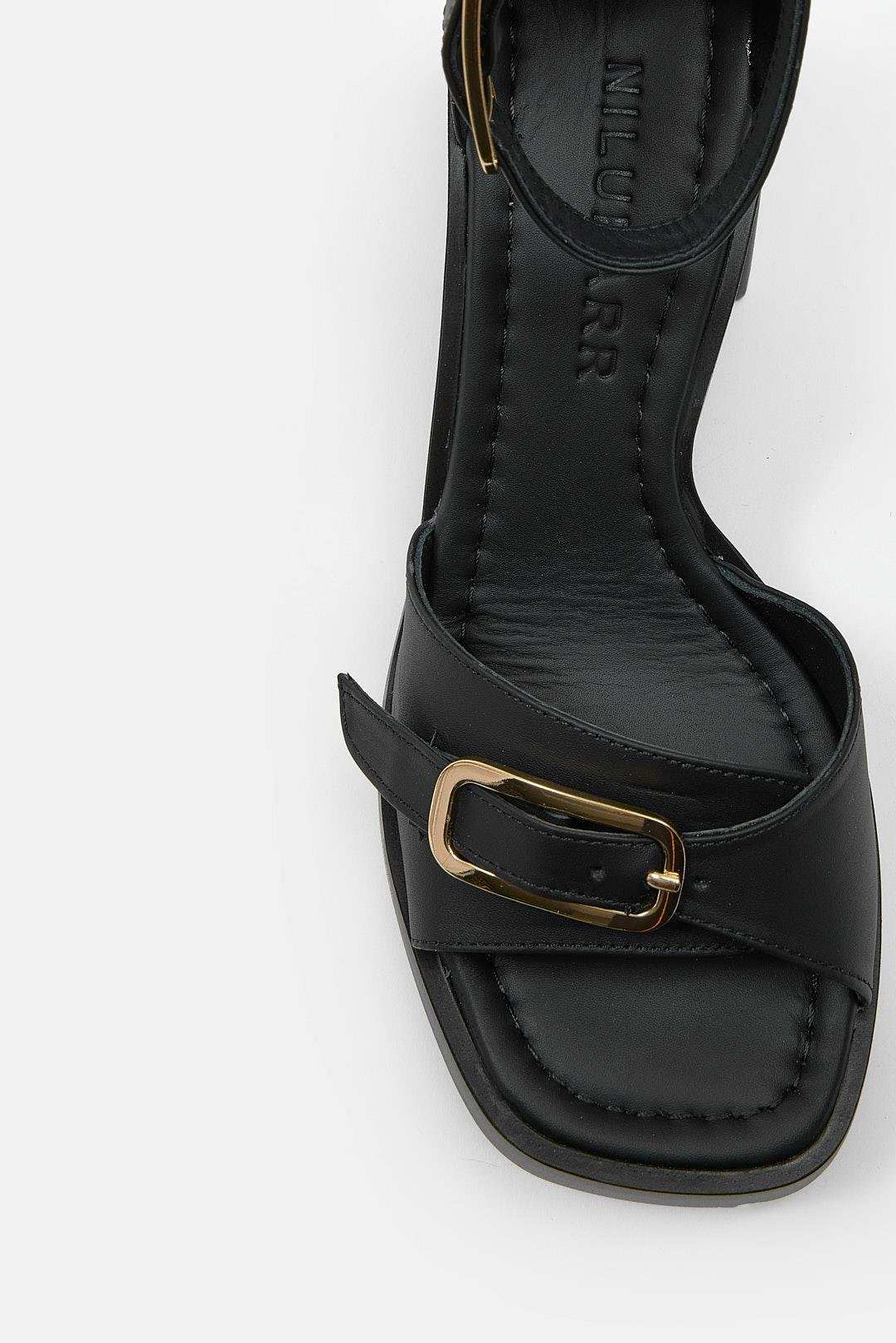 Ania Siyah Hakiki Deri Topuklu Kadın Sandalet