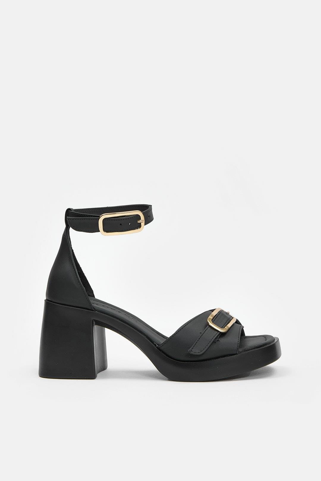 Ania Siyah Hakiki Deri Topuklu Kadın Sandalet