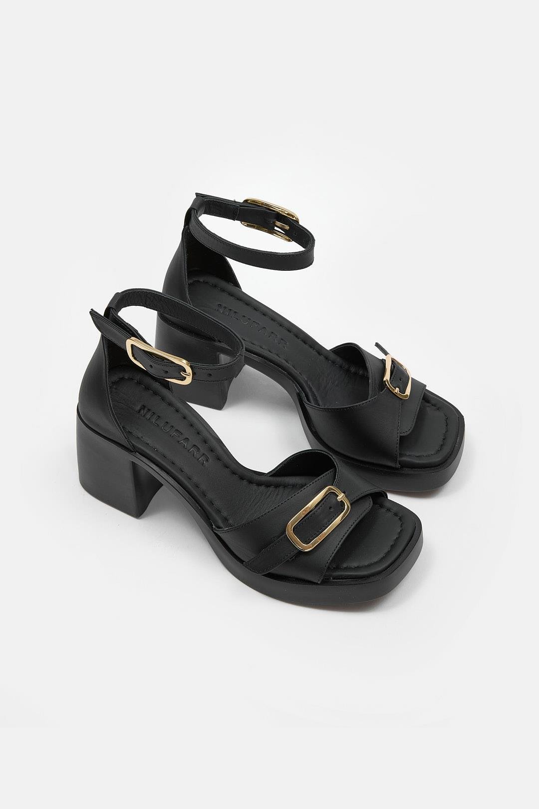 Ania Siyah Hakiki Deri Topuklu Kadın Sandalet