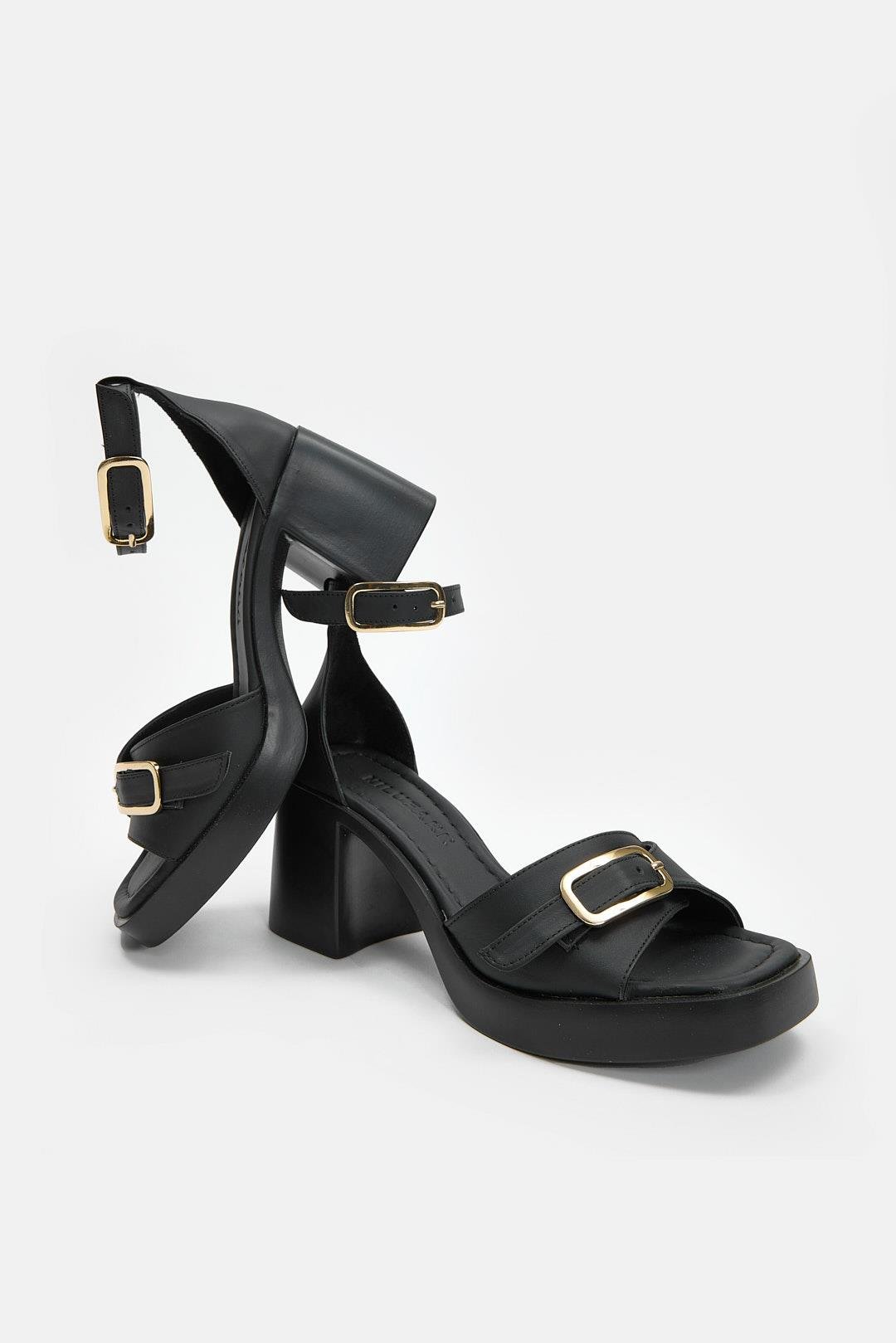 Ania Siyah Hakiki Deri Topuklu Kadın Sandalet