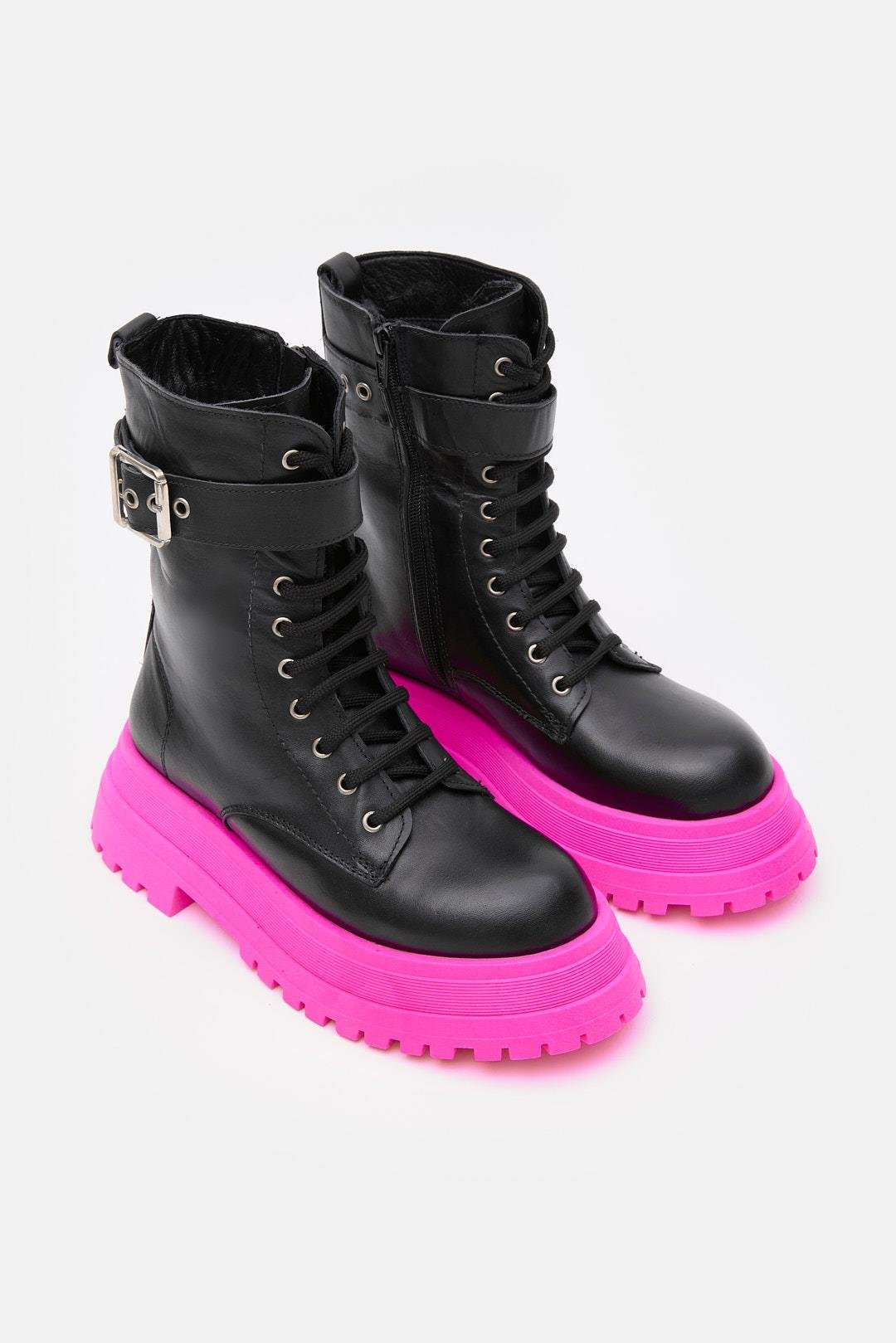Anna Black Genuine Leather Chain Accessory Pink Sole Women's Boots