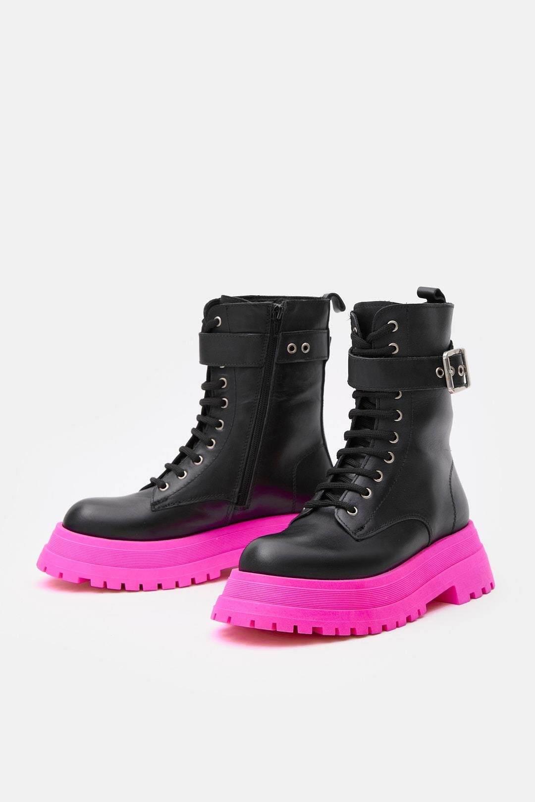 Anna Black Genuine Leather Chain Accessory Pink Sole Women's Boots
