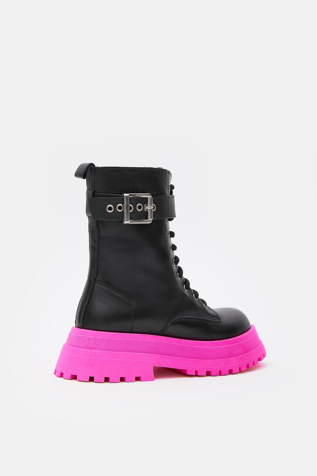 Anna Black Genuine Leather Chain Accessory Pink Sole Women's Boots