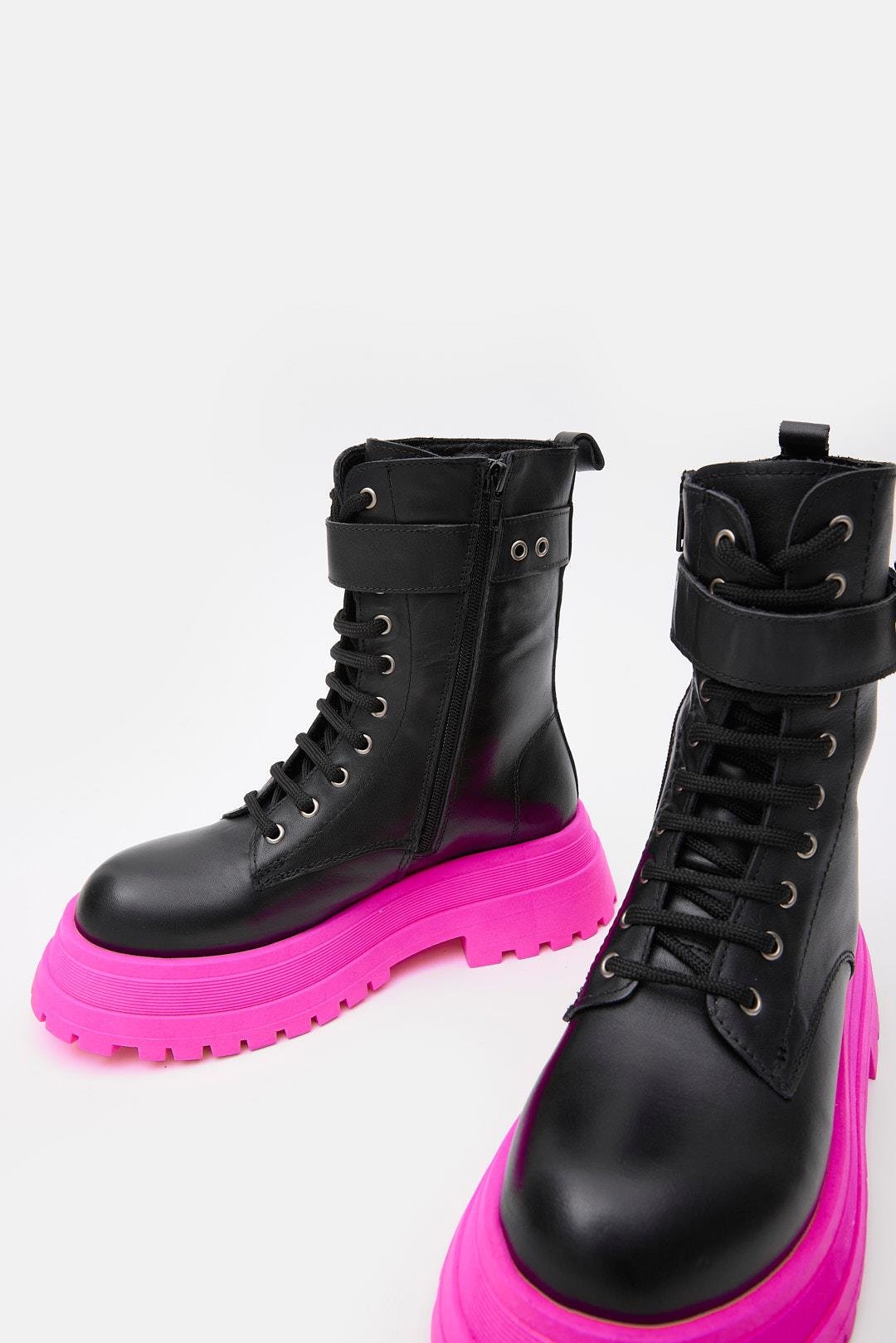 Anna Black Genuine Leather Chain Accessory Pink Sole Women's Boots