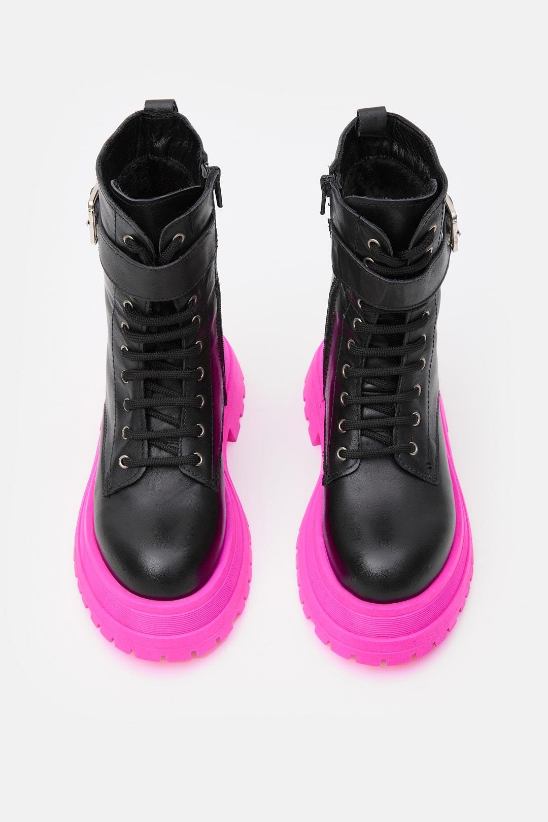 Anna Black Genuine Leather Chain Accessory Pink Sole Women's Boots