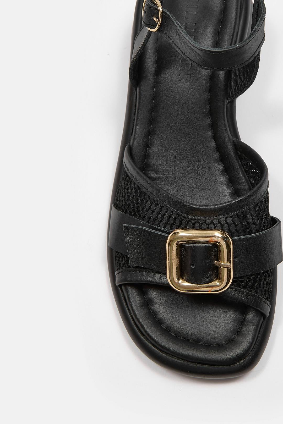 Annika Siyah Hakiki Deri Fileli Kısa Topuklu Sandalet