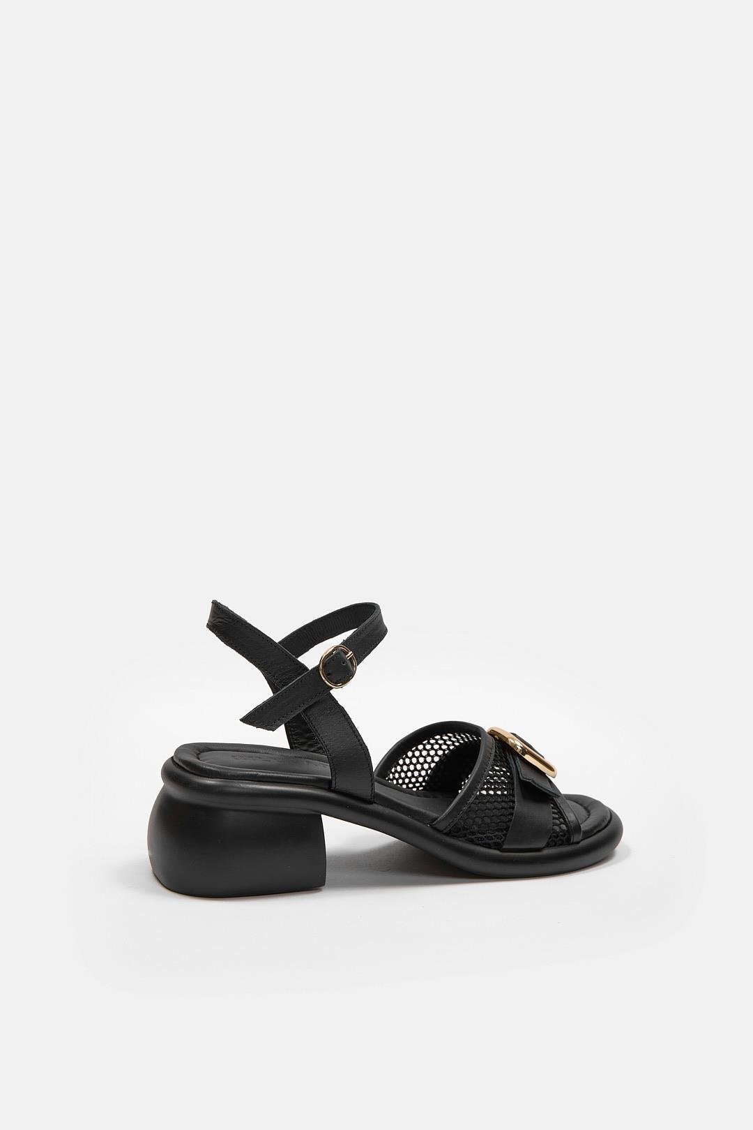 Annika Siyah Hakiki Deri Fileli Kısa Topuklu Sandalet