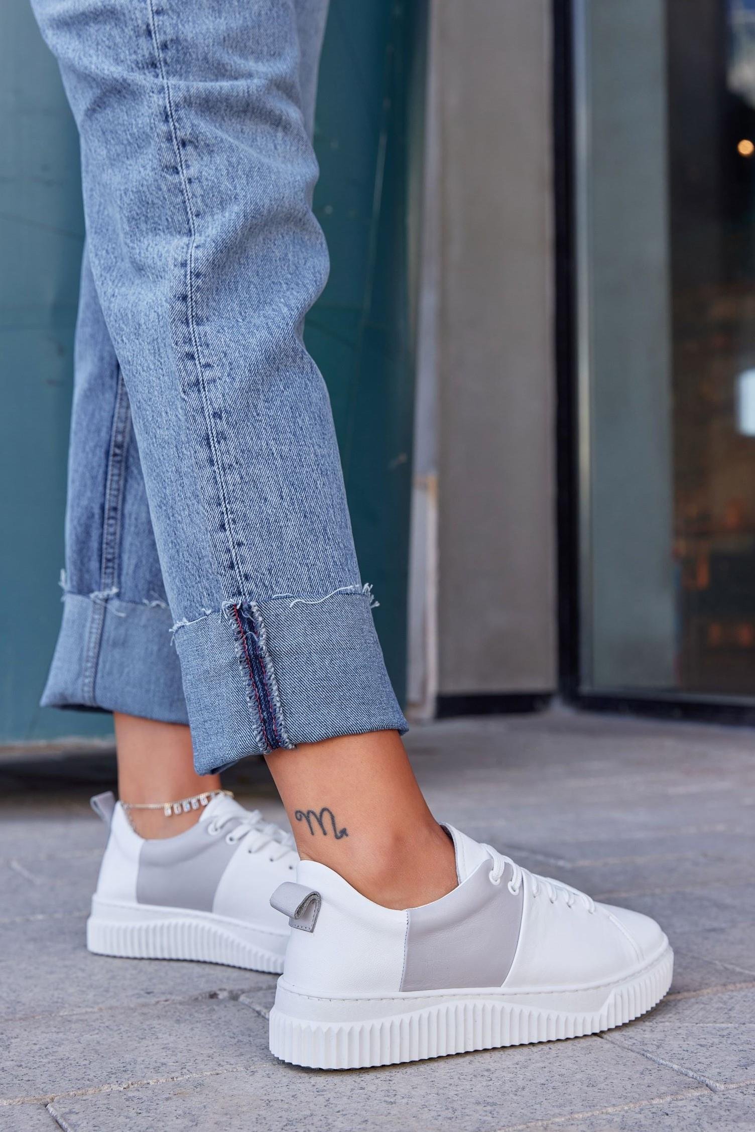 Arens Beyaz Gri Hakiki Deri Kadın Sneaker