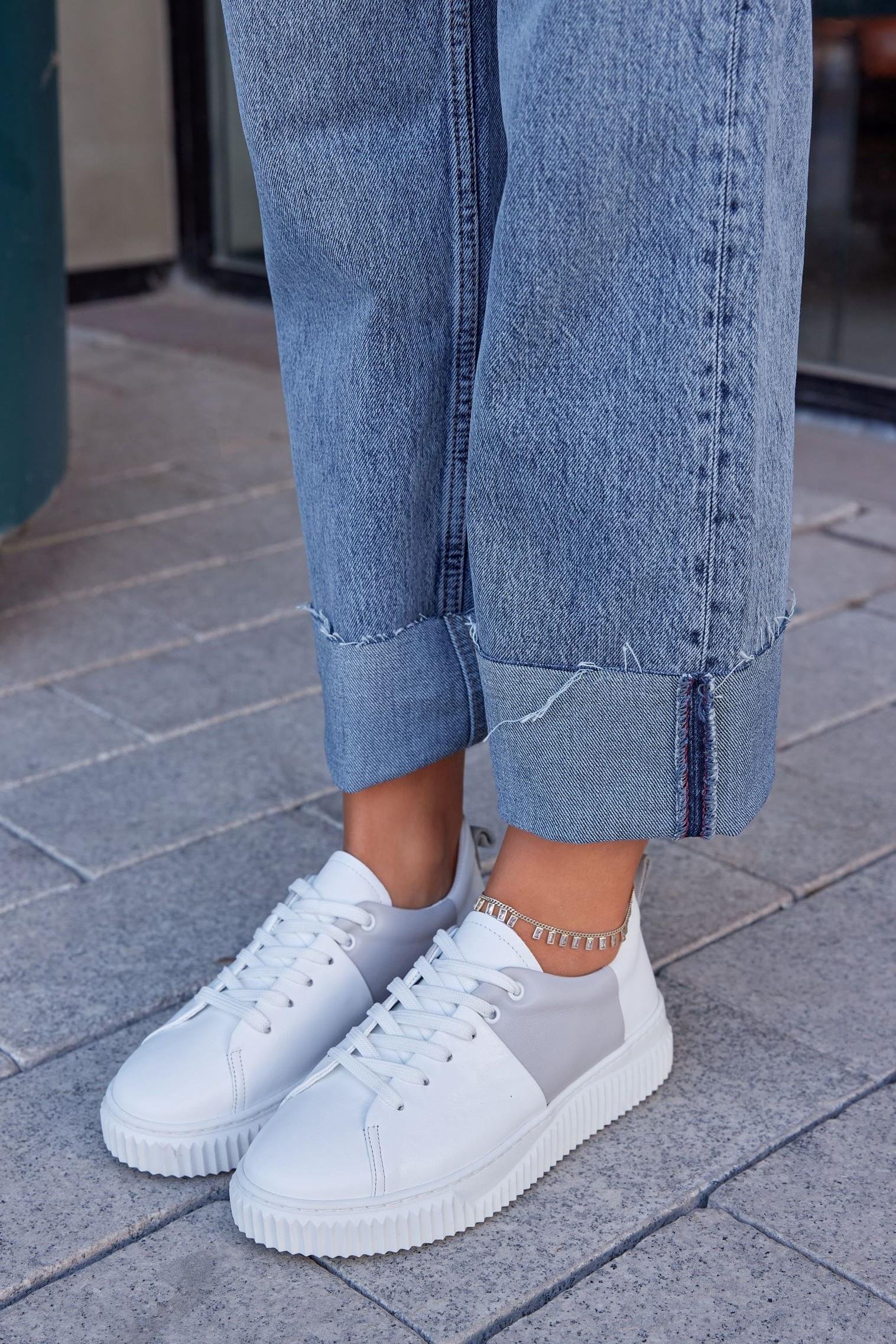 Arens Beyaz Gri Hakiki Deri Kadın Sneaker