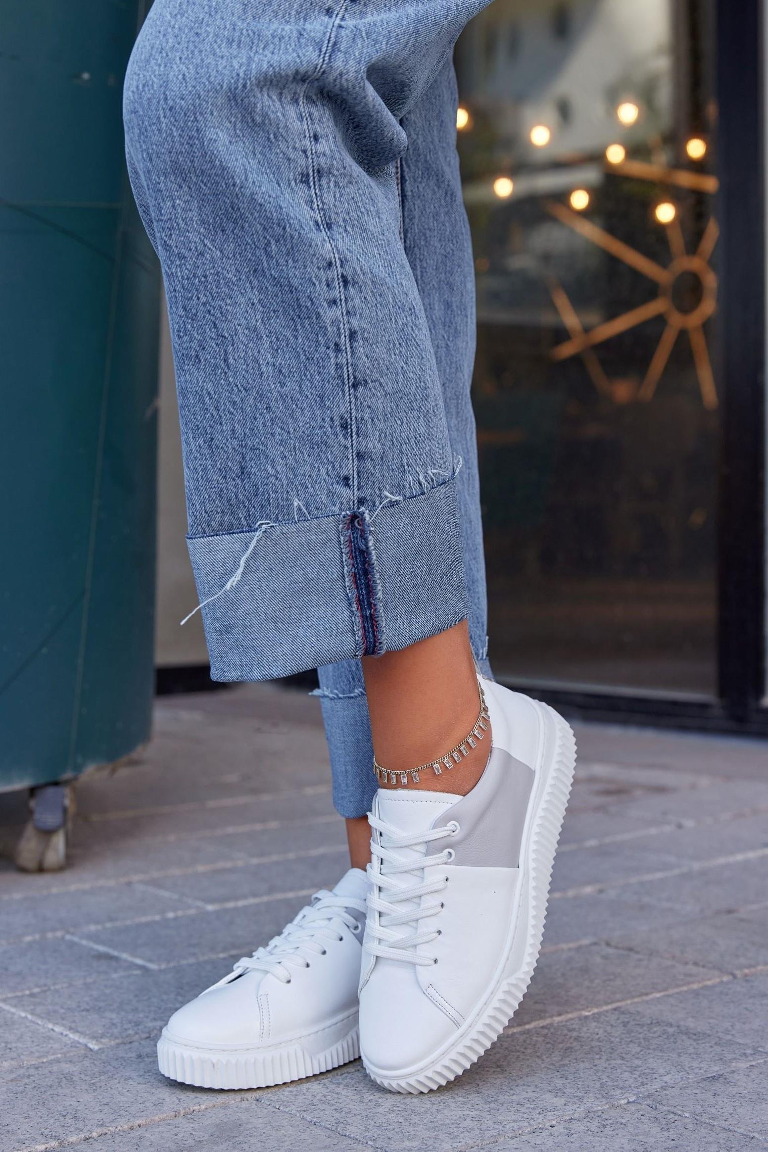 Arens Beyaz Gri Hakiki Deri Kadın Sneaker