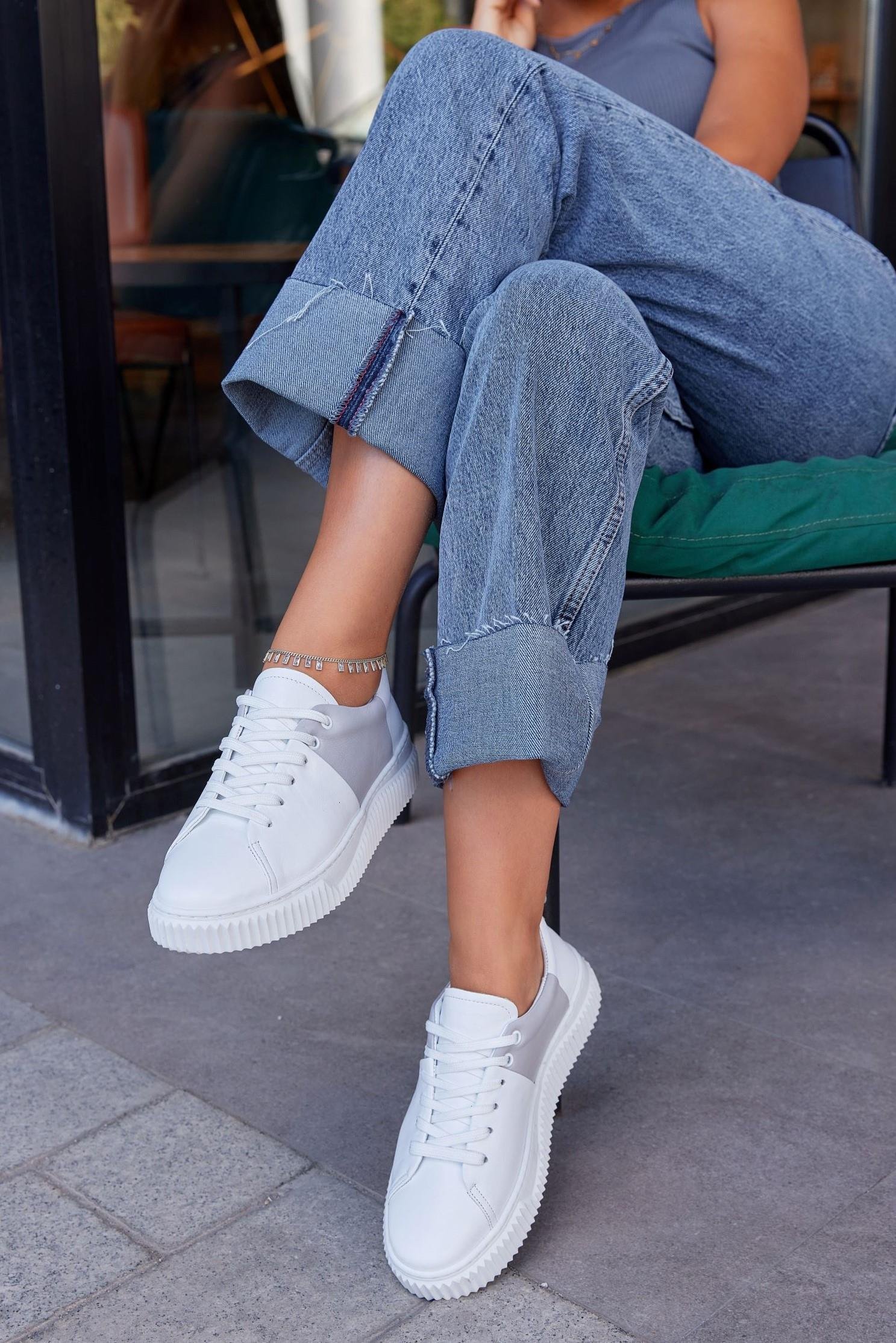 Arens Beyaz Gri Hakiki Deri Kadın Sneaker