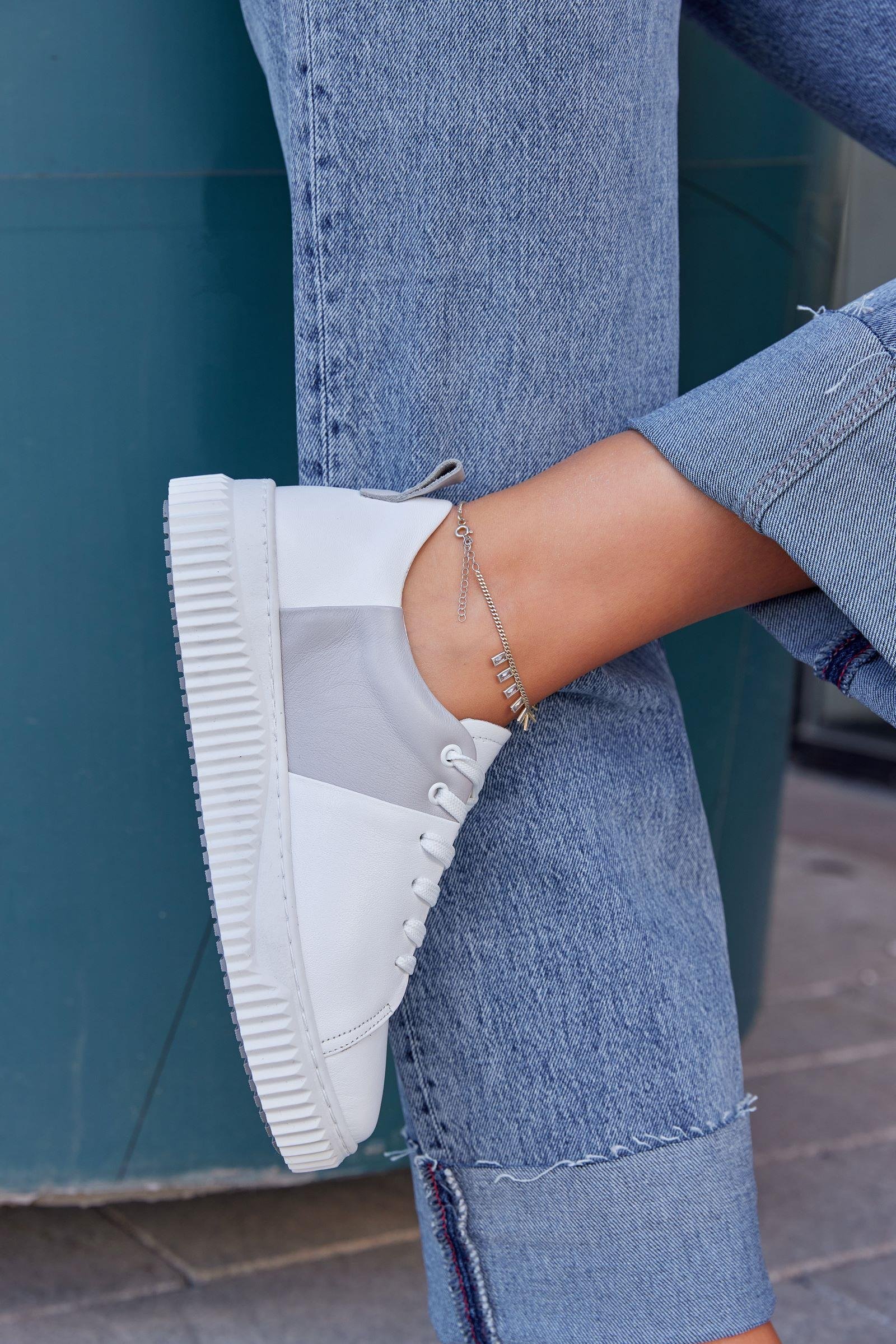 Arens Beyaz Gri Hakiki Deri Kadın Sneaker