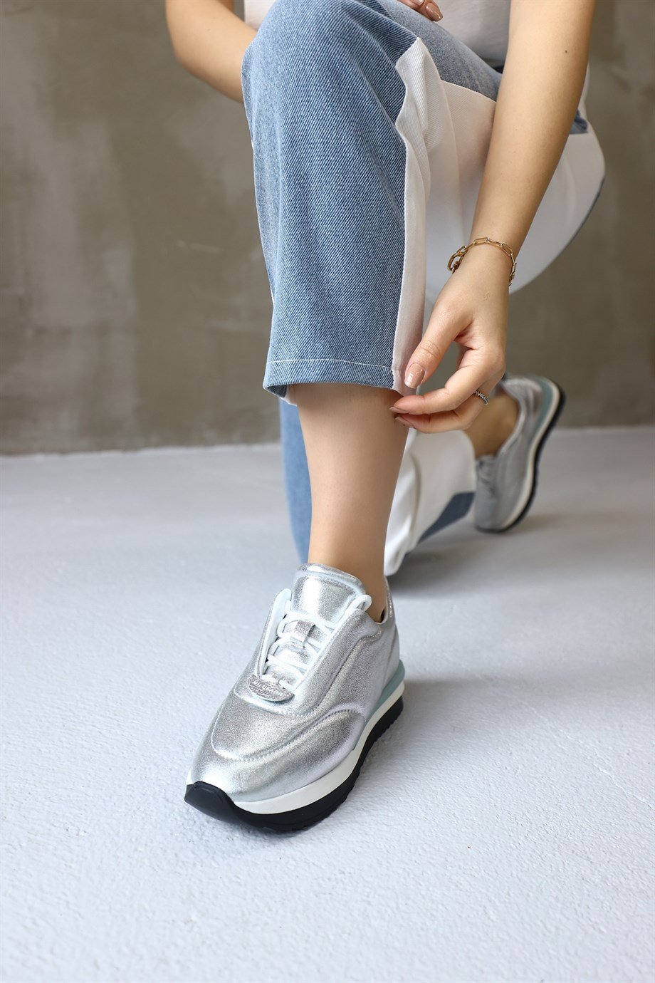 Balla Gümüş Hakiki Deri Kadın Sneaker