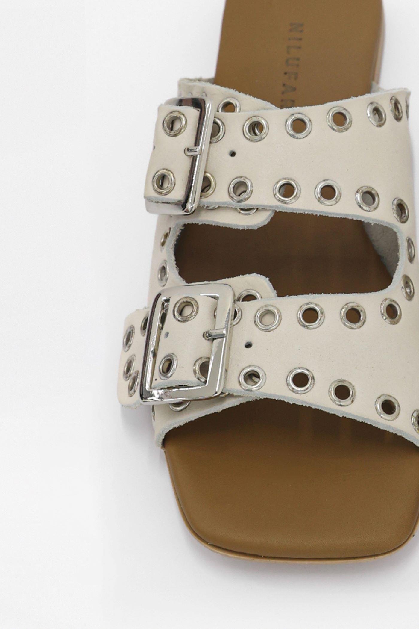 Block Bej Hakiki Deri Kemerli Kadın Terlik