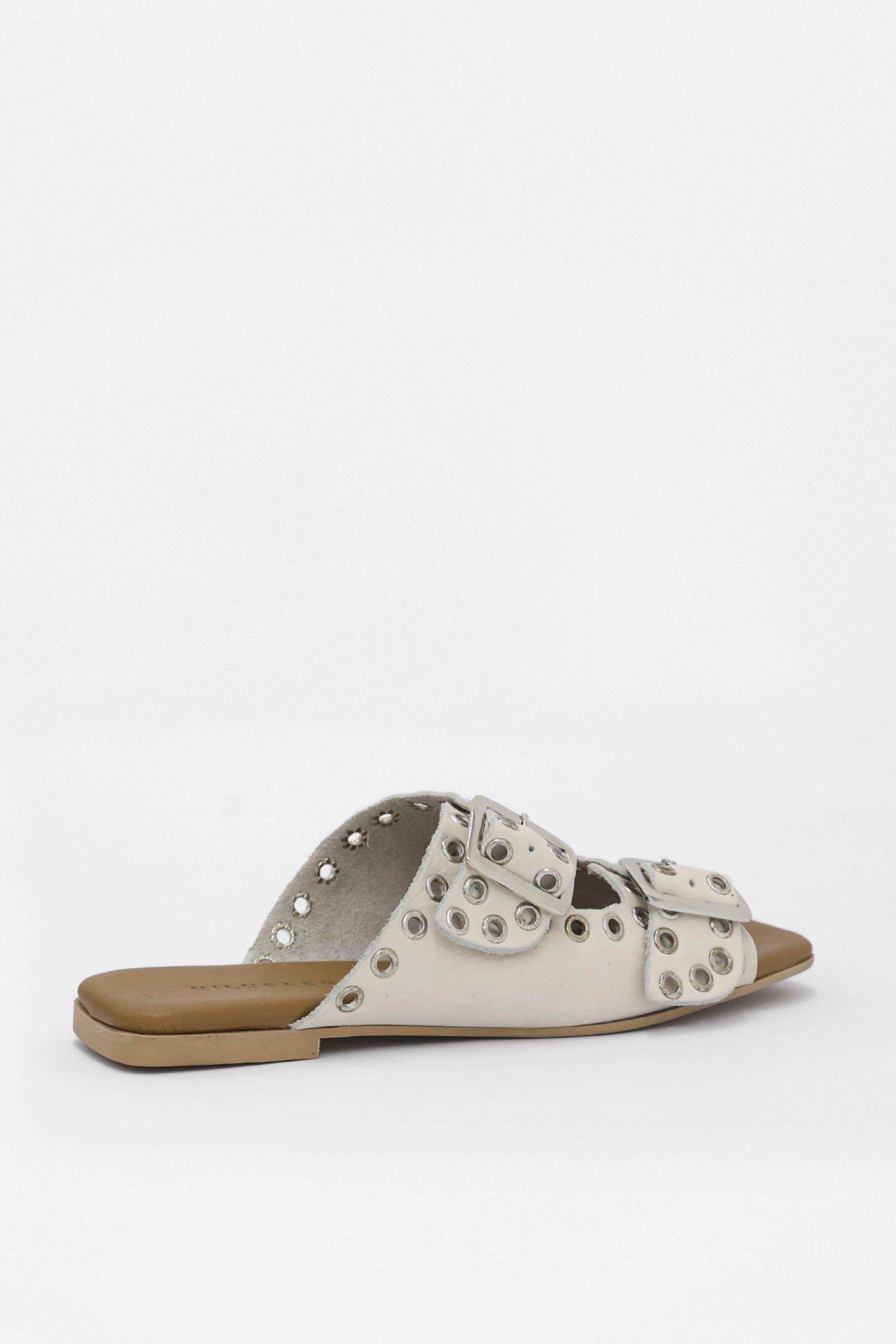 Block Bej Hakiki Deri Kemerli Kadın Terlik