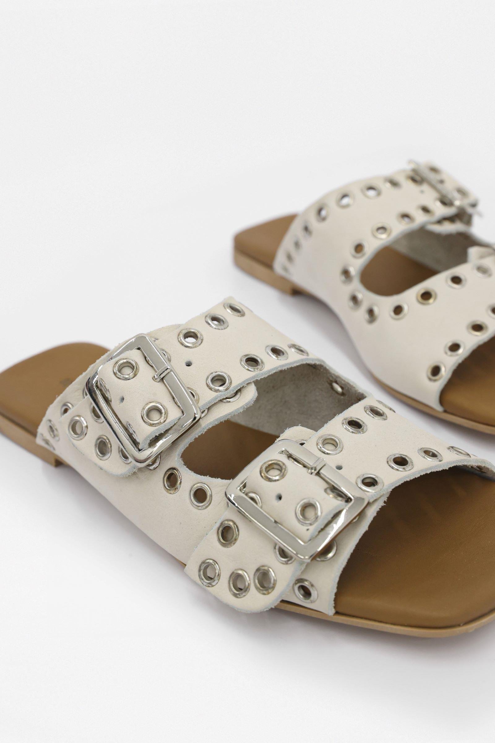 Block Bej Hakiki Deri Kemerli Kadın Terlik