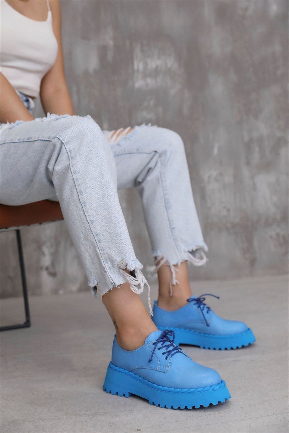 Bloom Mavi Hakiki Deri Bağcıklı Kadın Loafer