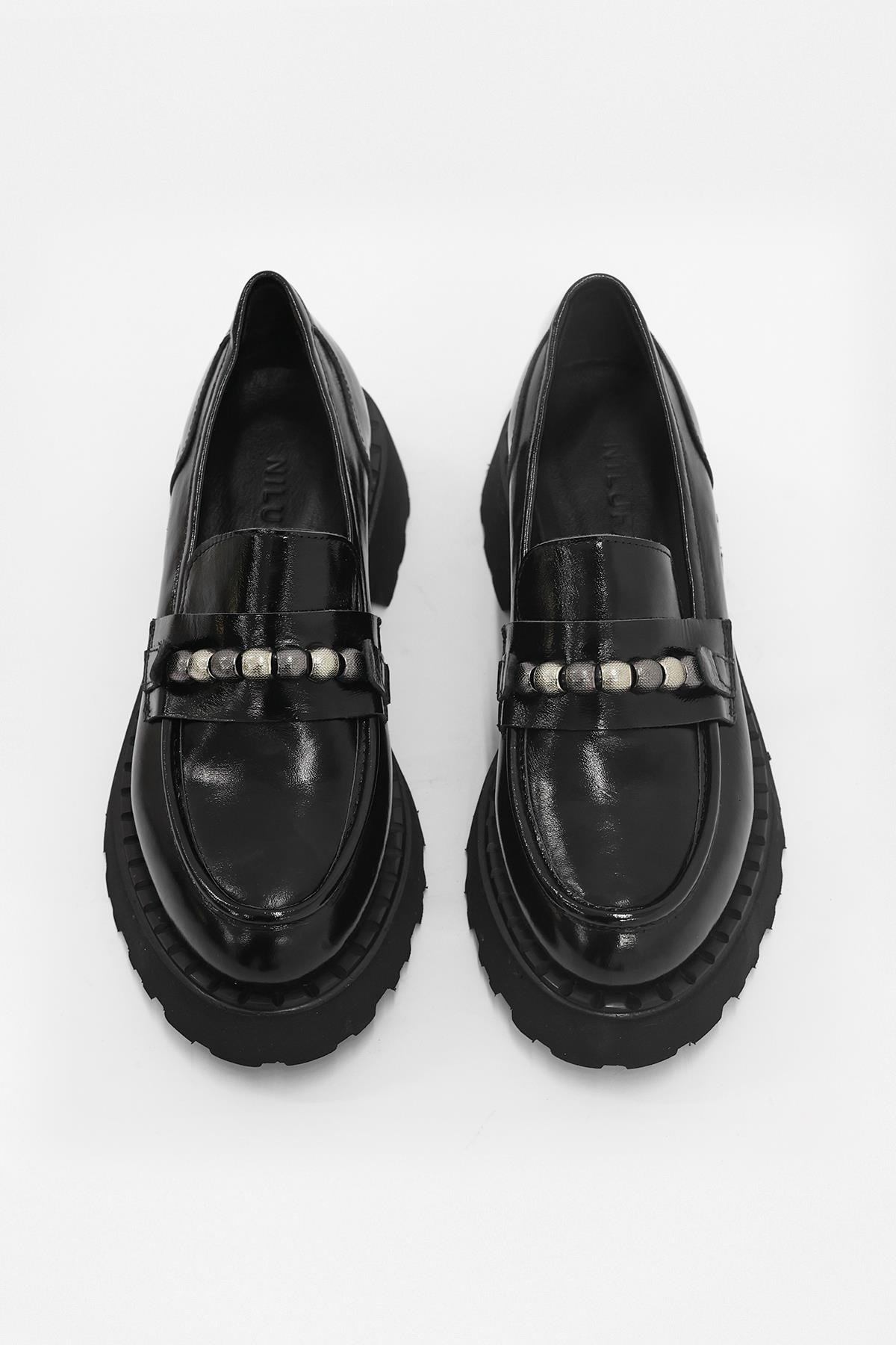 Bukle Siyah Rugan Hakiki Deri Kadın Loafer