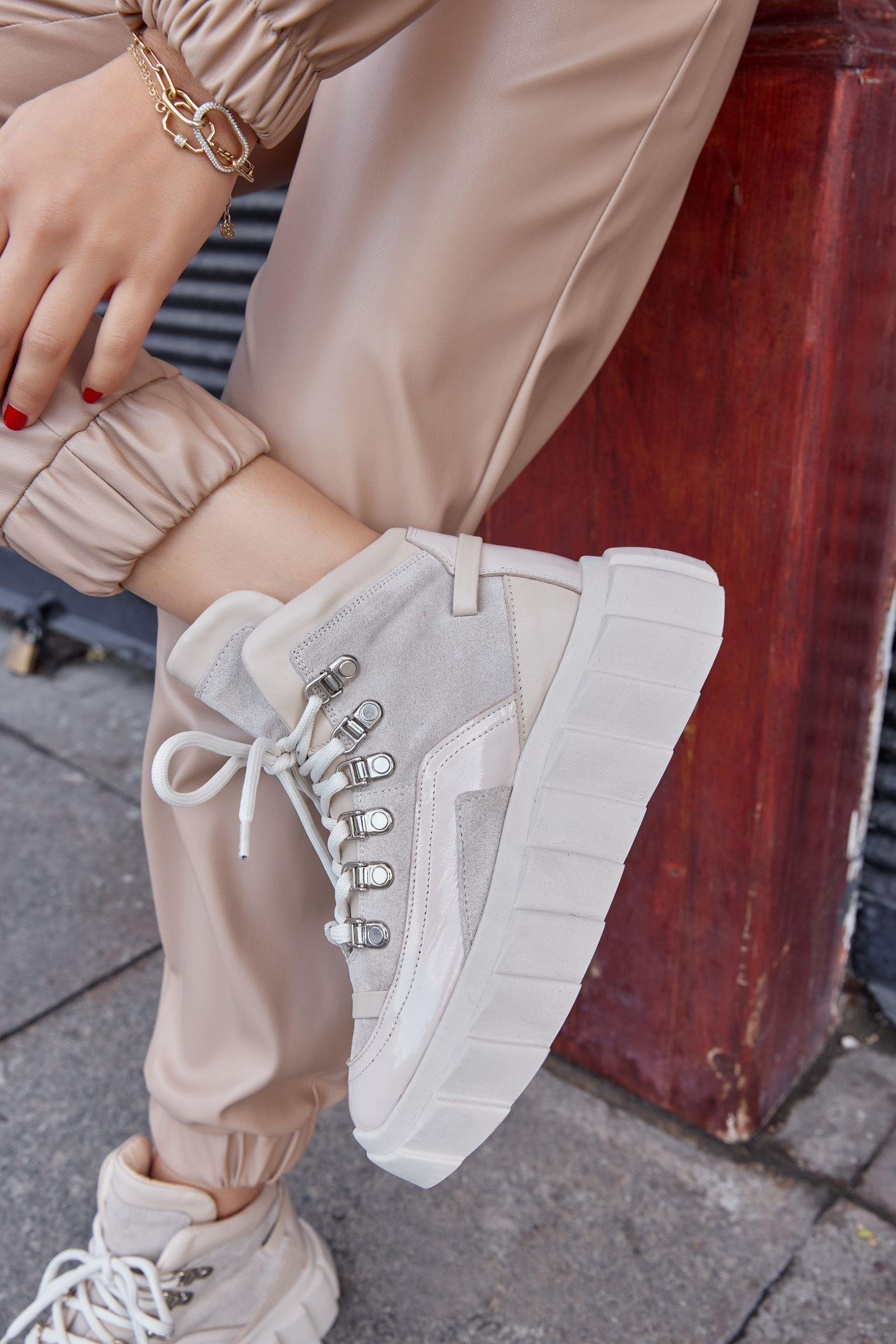 Candy Bej Hakiki Deri Kadın Sneaker Bot