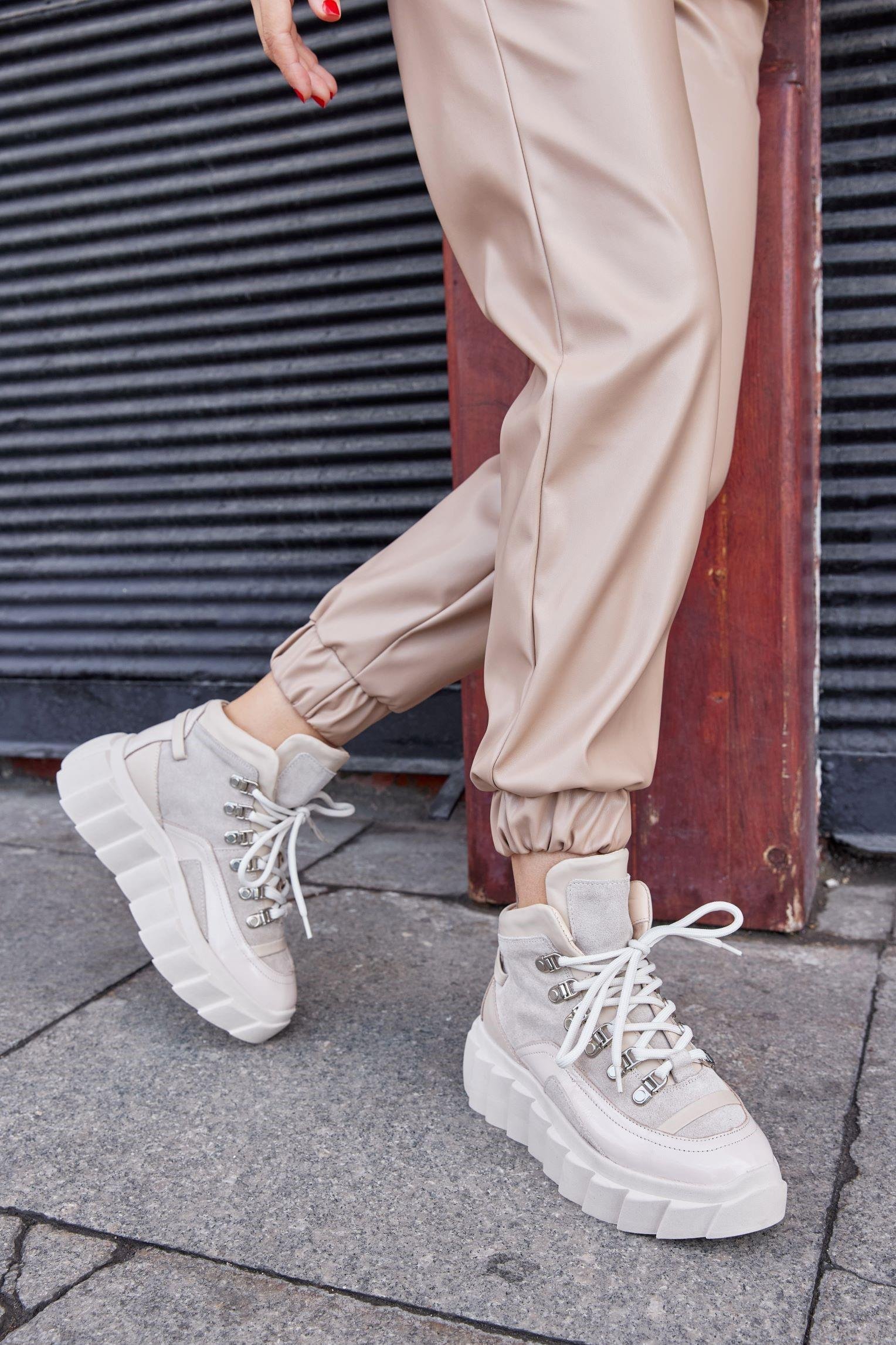 Candy Bej Hakiki Deri Kadın Sneaker Bot