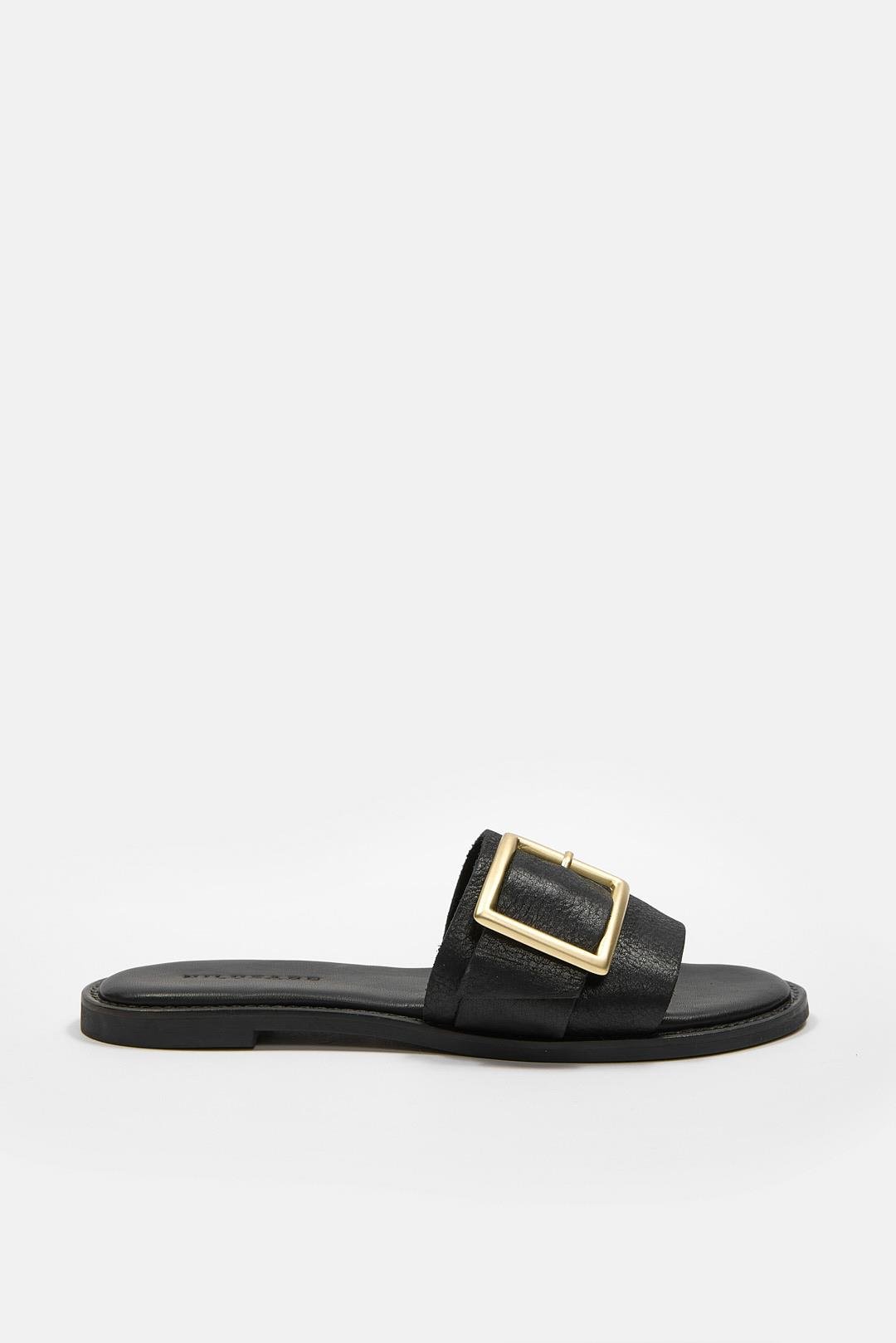 Coco Women's Black Leather Slipper With Belt Details