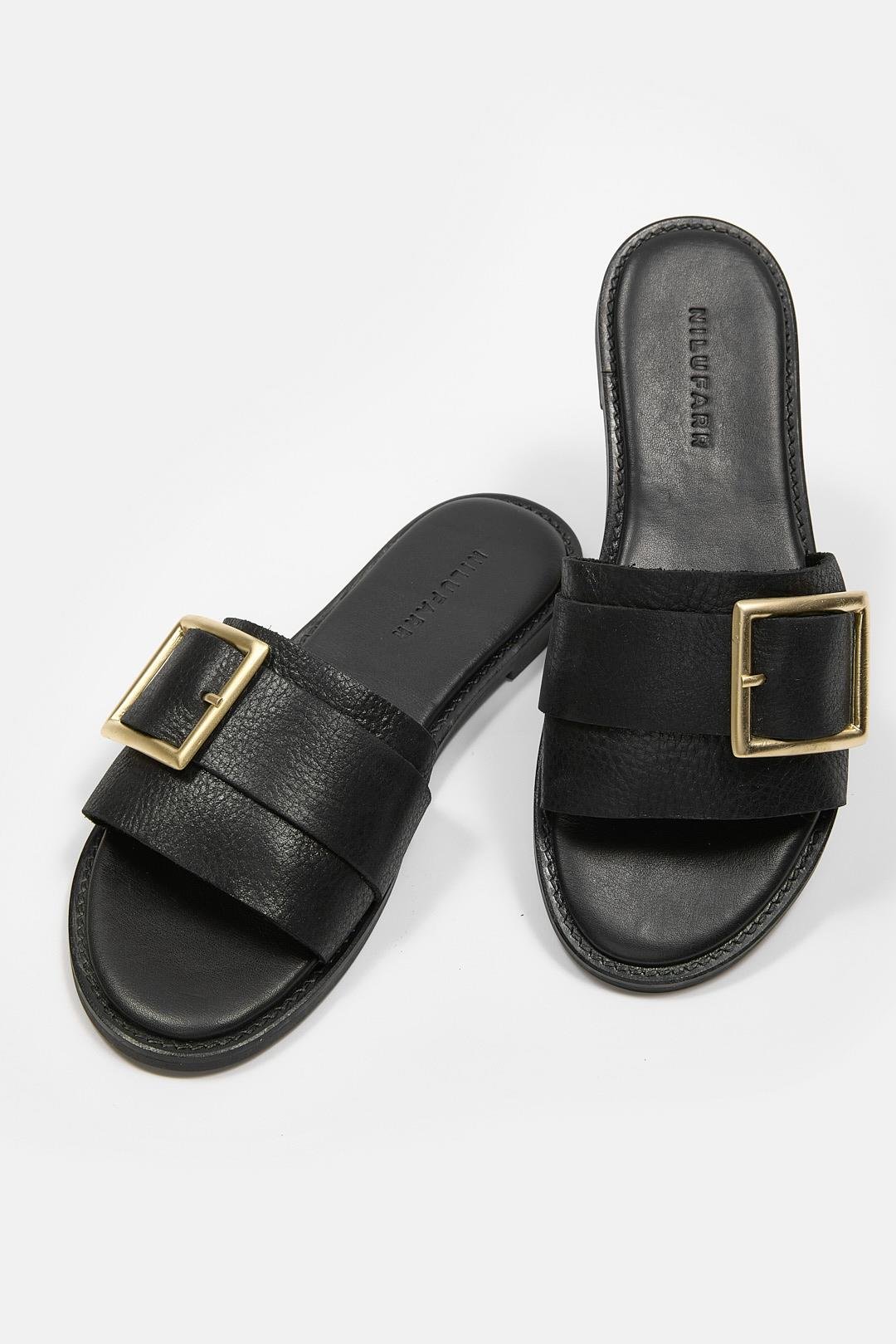 Coco Women's Black Leather Slipper With Belt Details