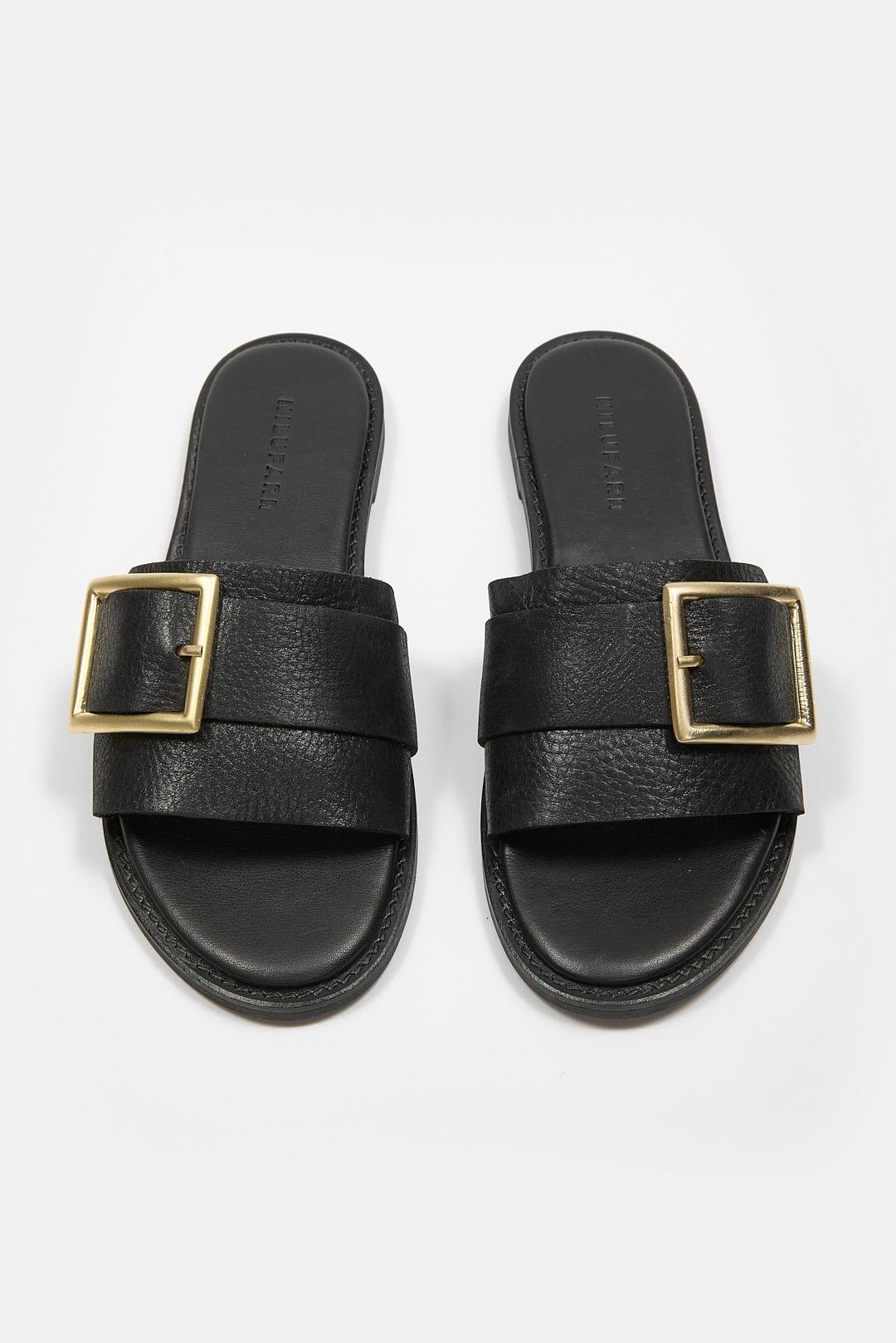 Coco Women's Black Leather Slipper With Belt Details