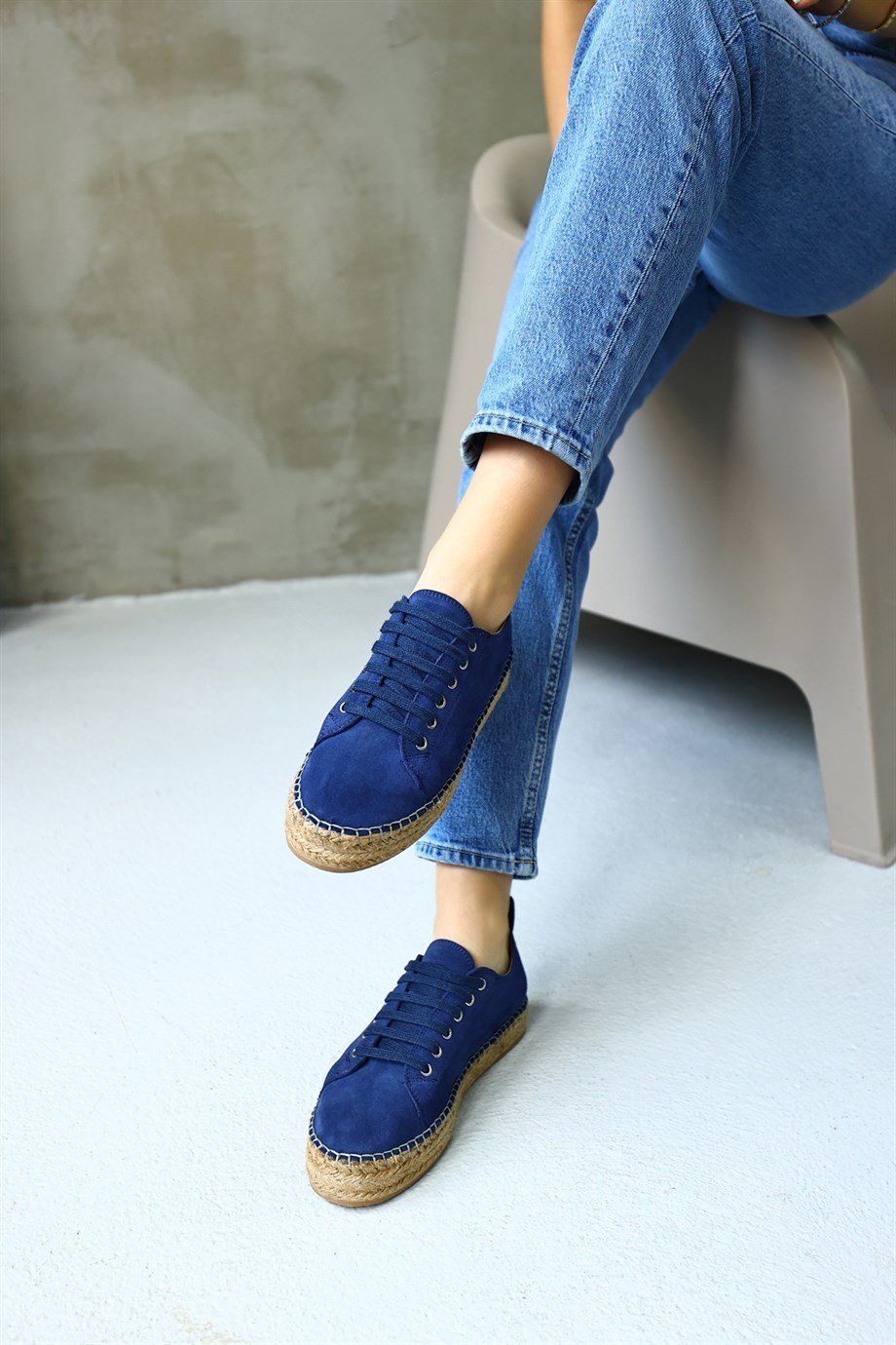 Daria Kot Mavi Hakiki Süet Bağcıklı Kadın Espadril Ayakkabı