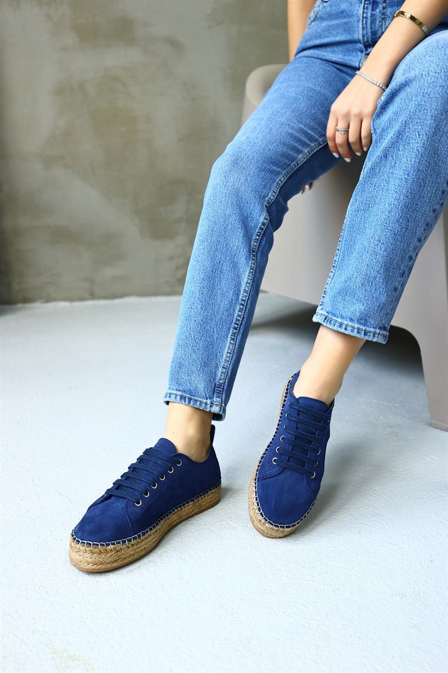Daria Kot Mavi Hakiki Süet Bağcıklı Kadın Espadril Ayakkabı