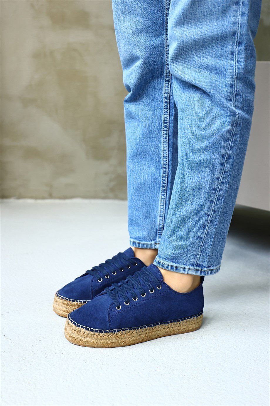 Daria Kot Mavi Hakiki Süet Bağcıklı Kadın Espadril Ayakkabı