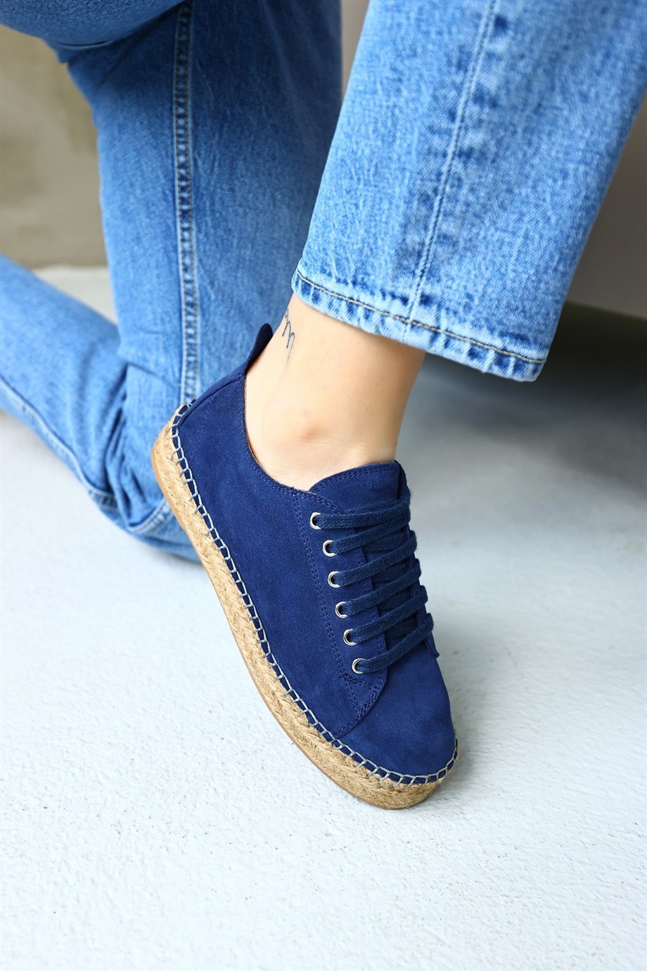 Daria Kot Mavi Hakiki Süet Bağcıklı Kadın Espadril Ayakkabı