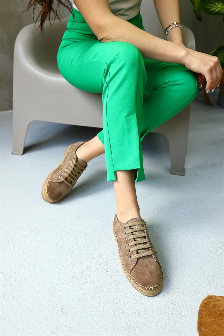 Daria Vizon Hakiki Süet Bağcıklı Kadın Espadril Ayakkabı