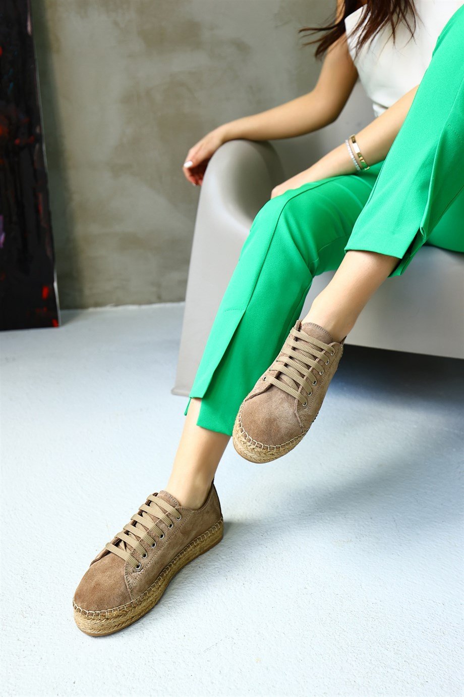 Daria Vizon Hakiki Süet Bağcıklı Kadın Espadril Ayakkabı