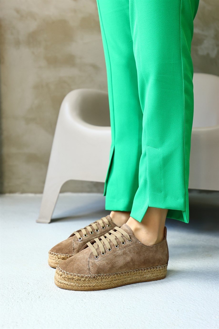 Daria Vizon Hakiki Süet Bağcıklı Kadın Espadril Ayakkabı