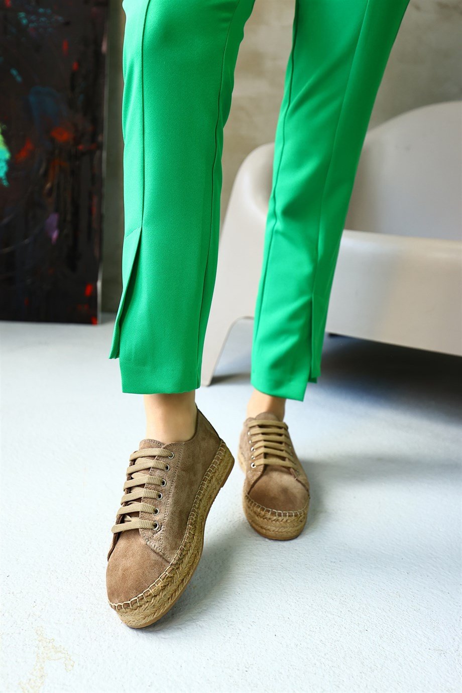 Daria Vizon Hakiki Süet Bağcıklı Kadın Espadril Ayakkabı