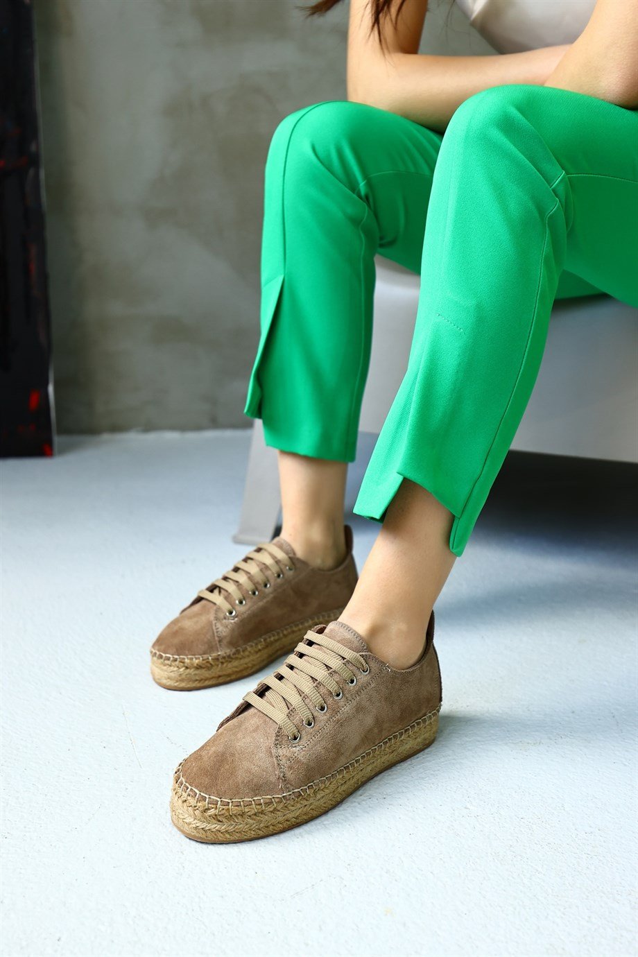 Daria Vizon Hakiki Süet Bağcıklı Kadın Espadril Ayakkabı