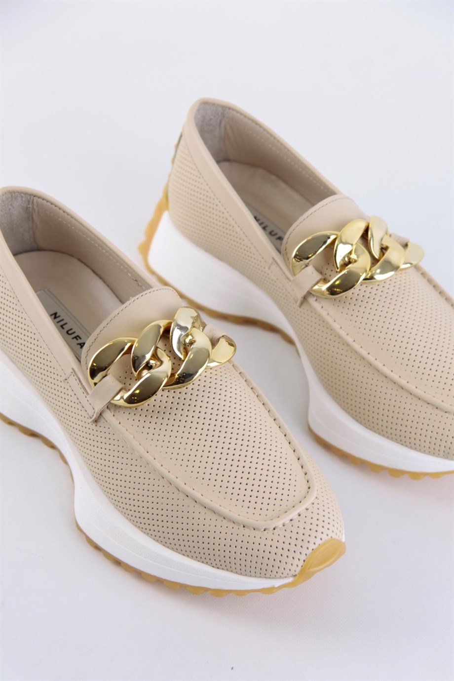 Darius Bej Hakiki Deri Zincir Aksesuarlı Kadın Sneaker