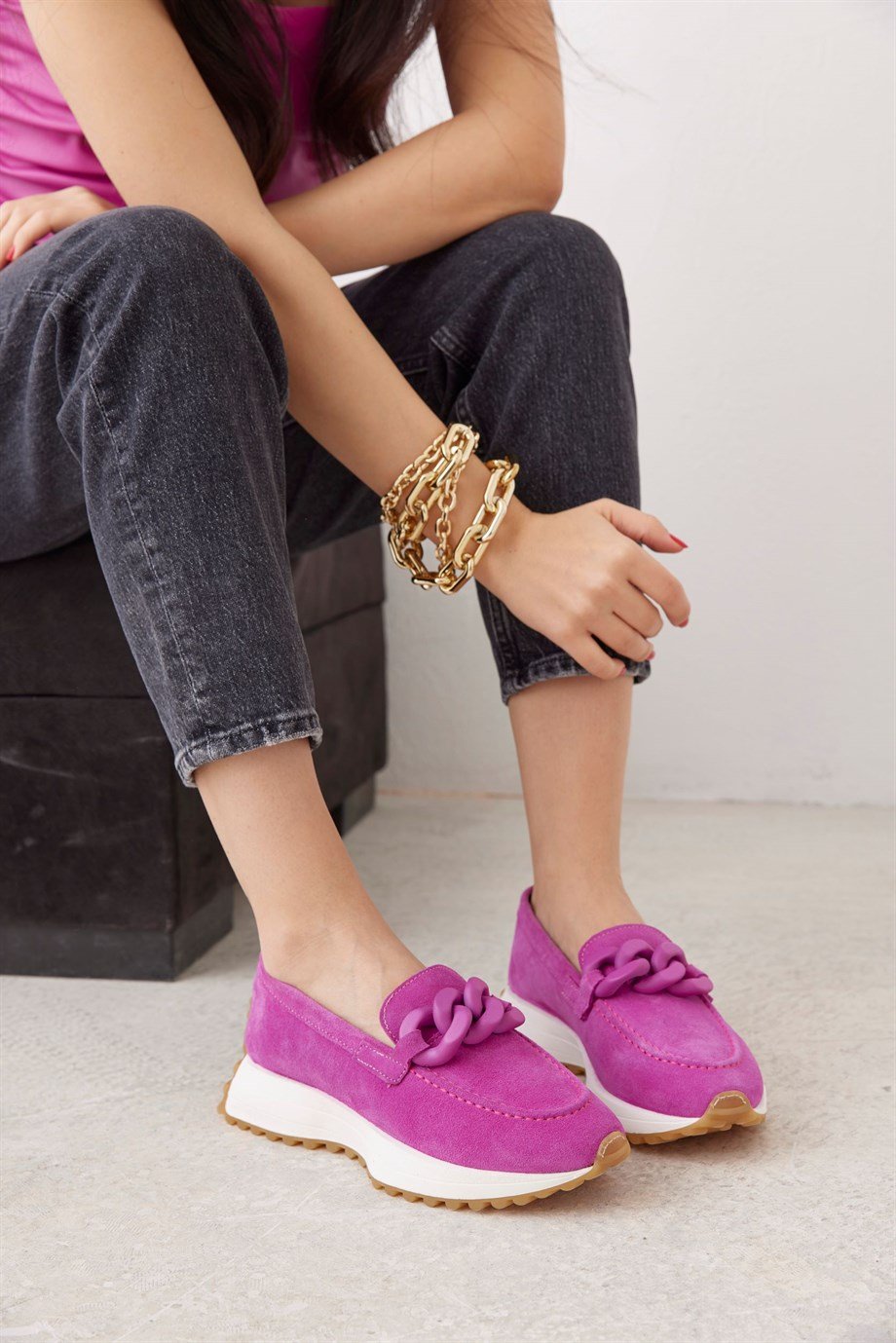 Darius Pembe Hakiki Süet Zincir Aksesuarlı Kadın Sneaker