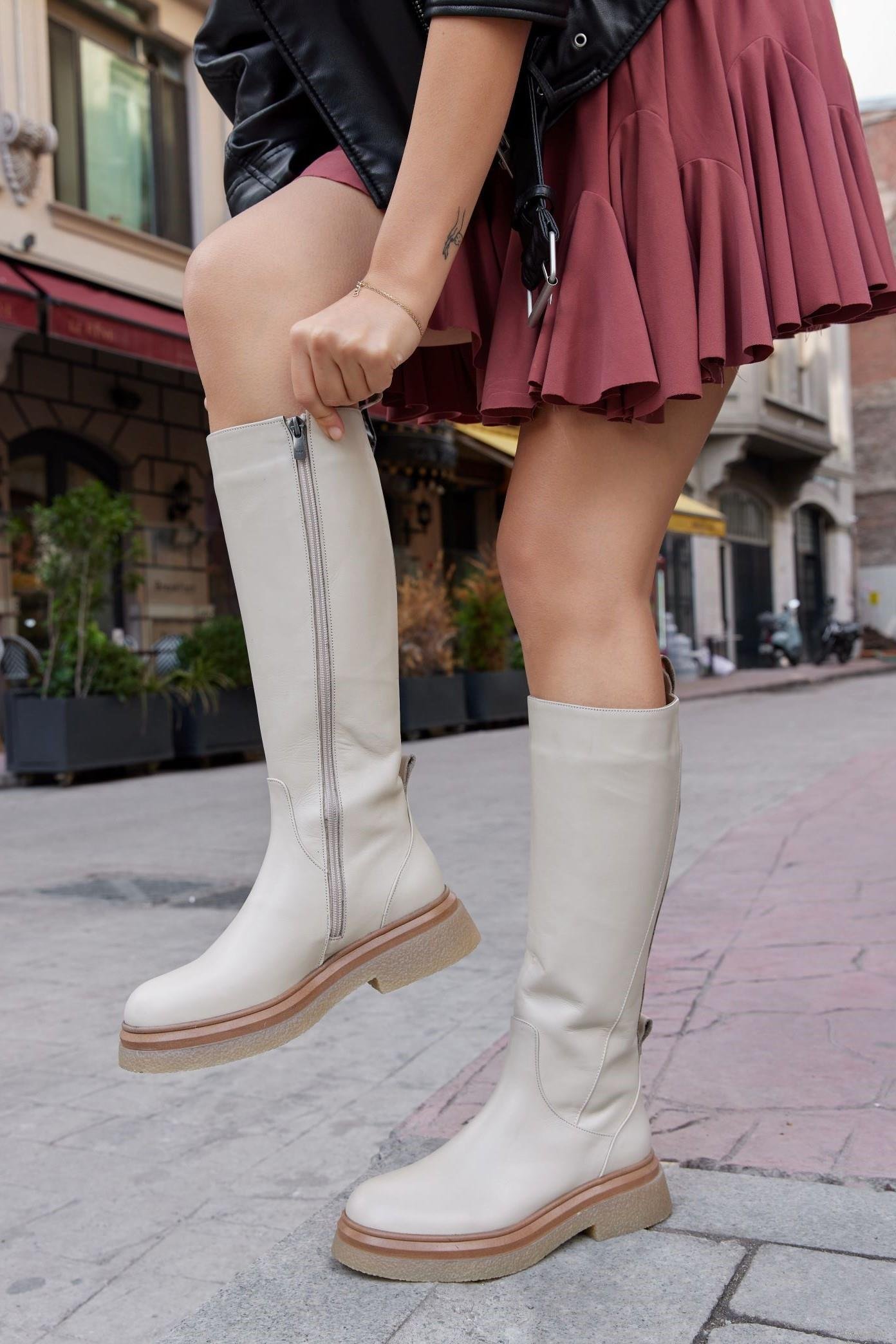 Dolly Bej Hakiki Deri Kadın Düz Çizme