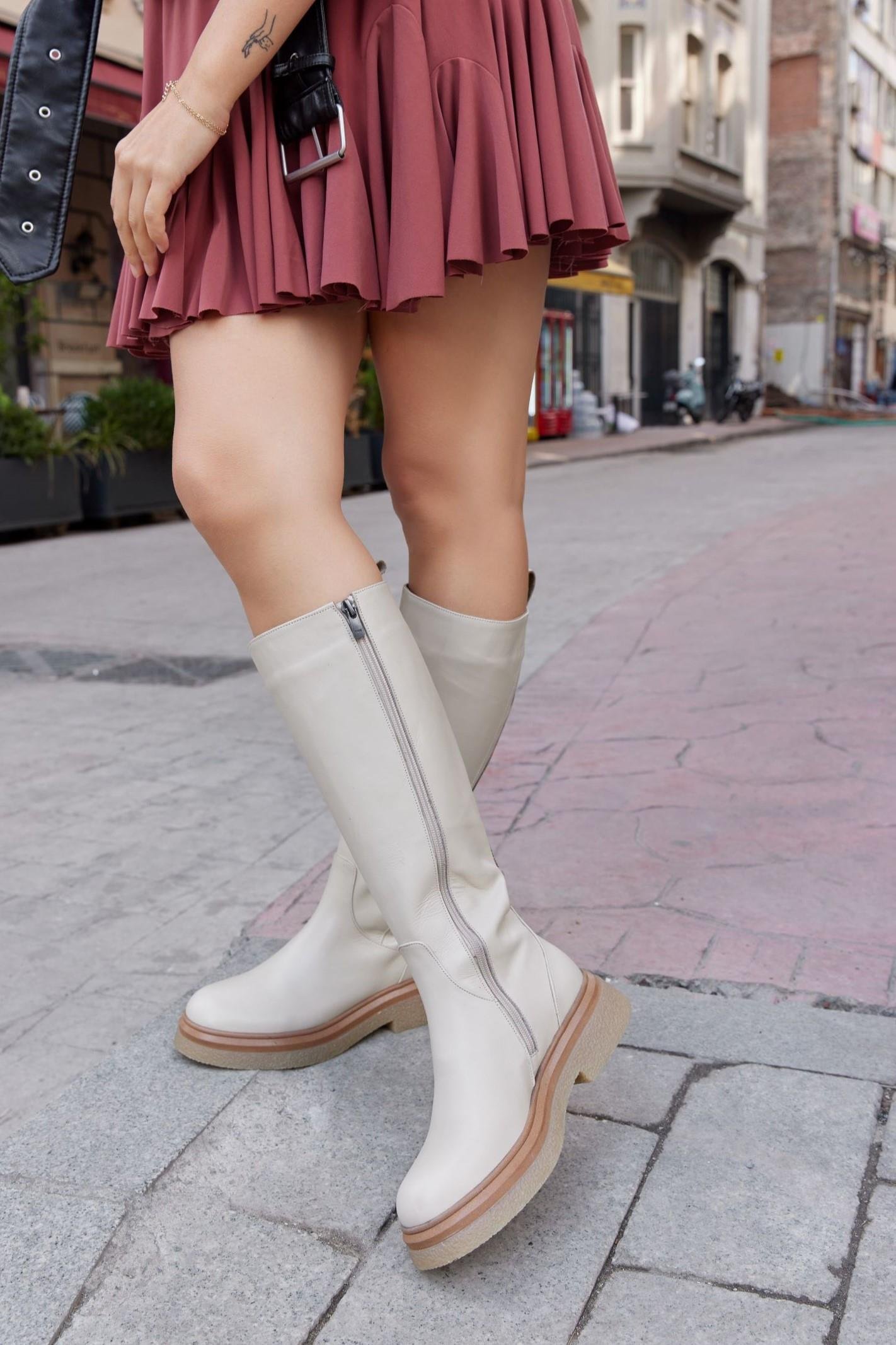 Dolly Bej Hakiki Deri Kadın Düz Çizme