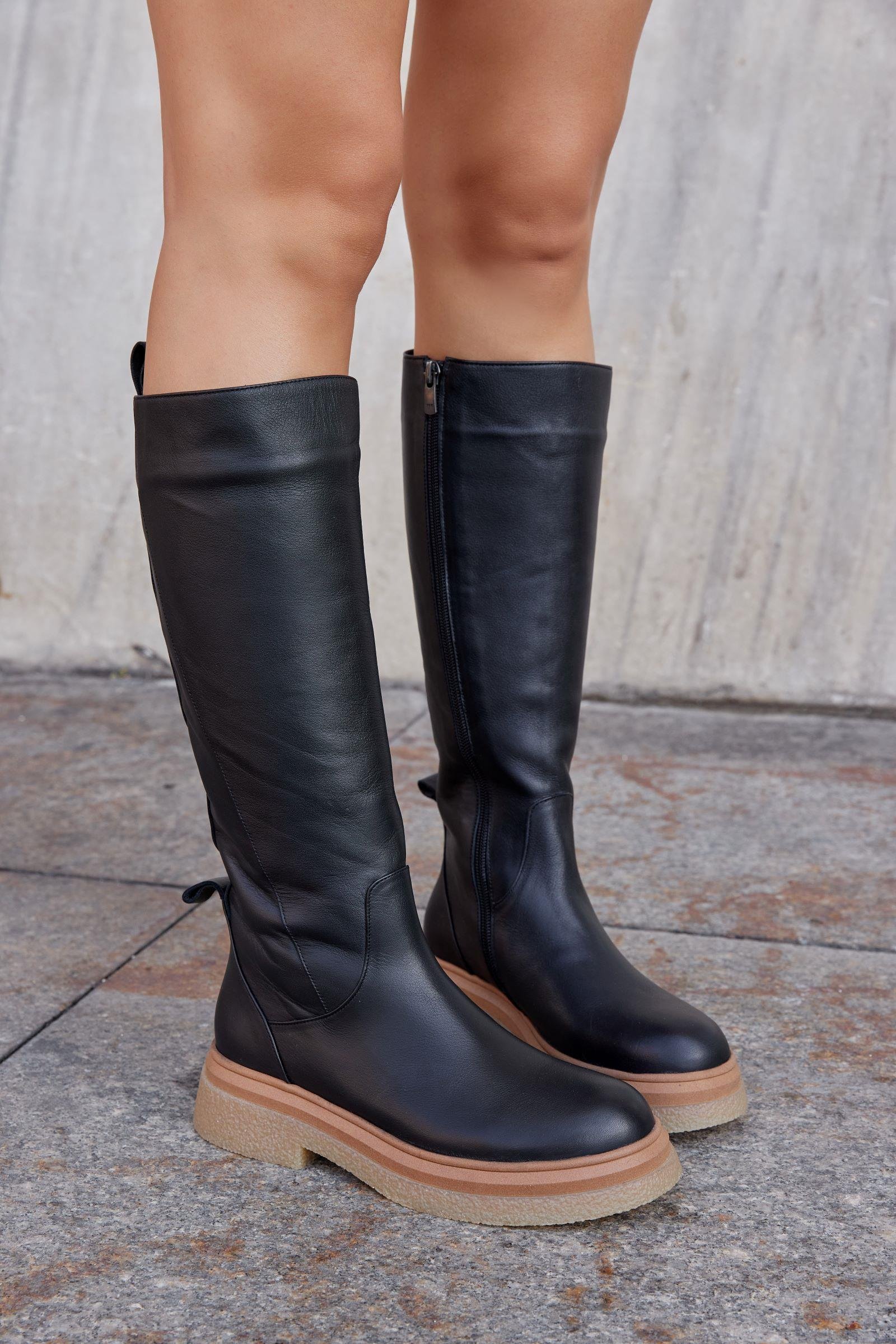 Dolly Siyah Hakiki Deri Kadın Düz Çizme