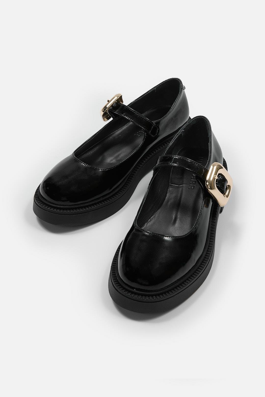 Ghisa Siyah Rugan Hakiki Deri Altın Tokalı Loafer