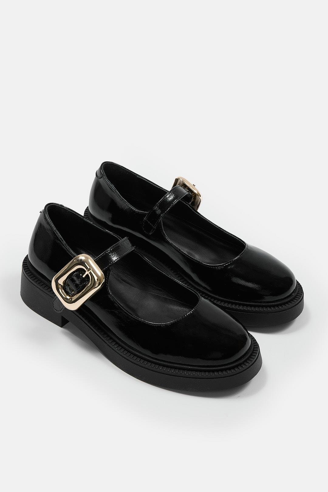 Ghisa Siyah Rugan Hakiki Deri Altın Tokalı Loafer