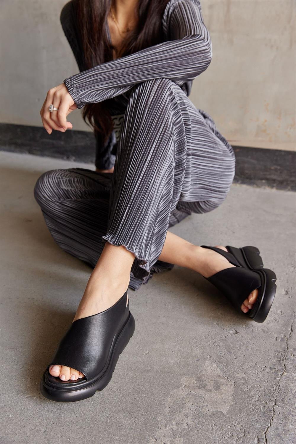 Heidi Black Leather Thick Soled Women's Sandals