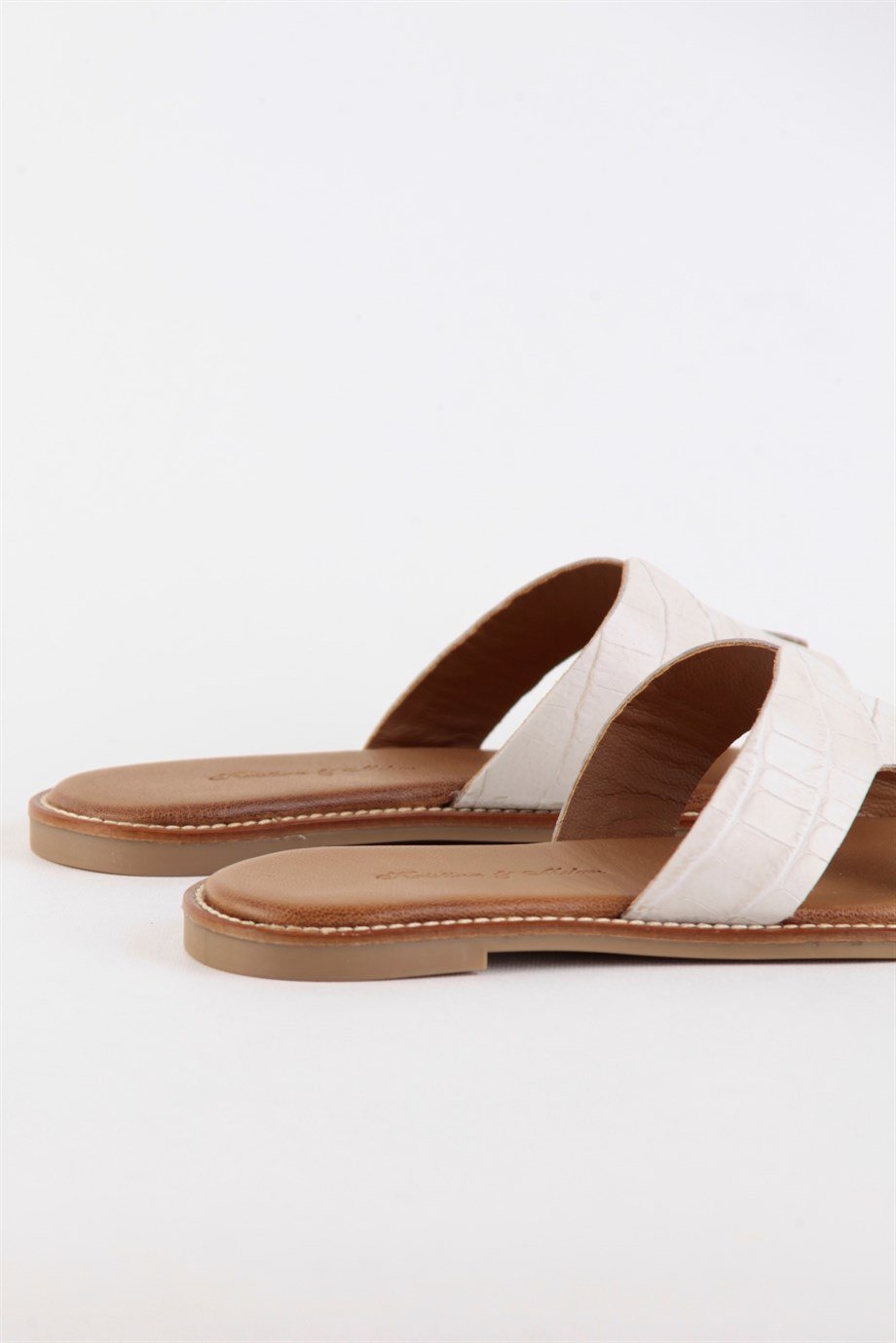 Хелен Бежевые Женские Тапочки из Натуральной Кожи с Кроко Принтом